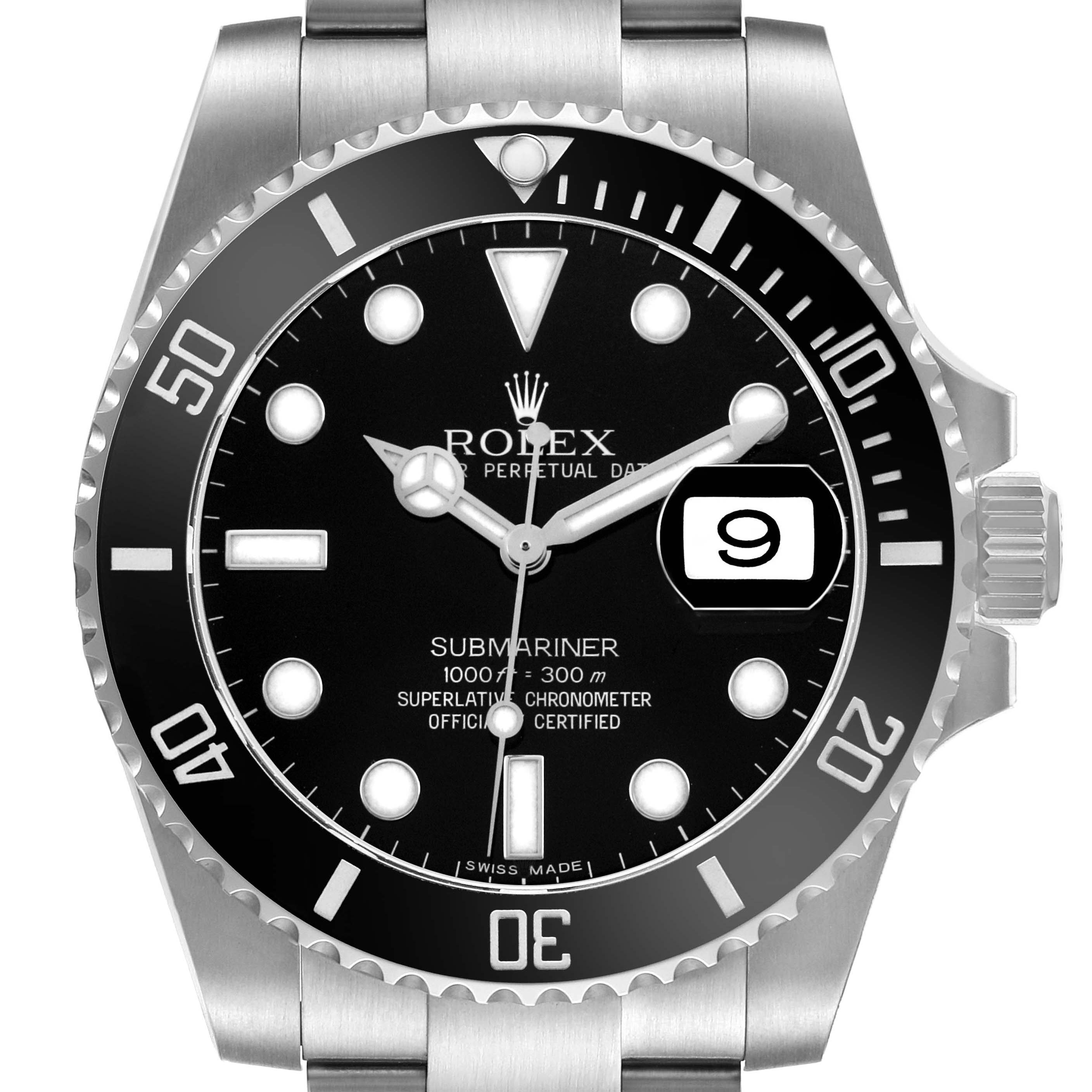This image shows a front view of the Rolex Submariner 116610 Men's Stainless Steel Black Dial, highlighting the dial, bezel, hands, date window, and crown.