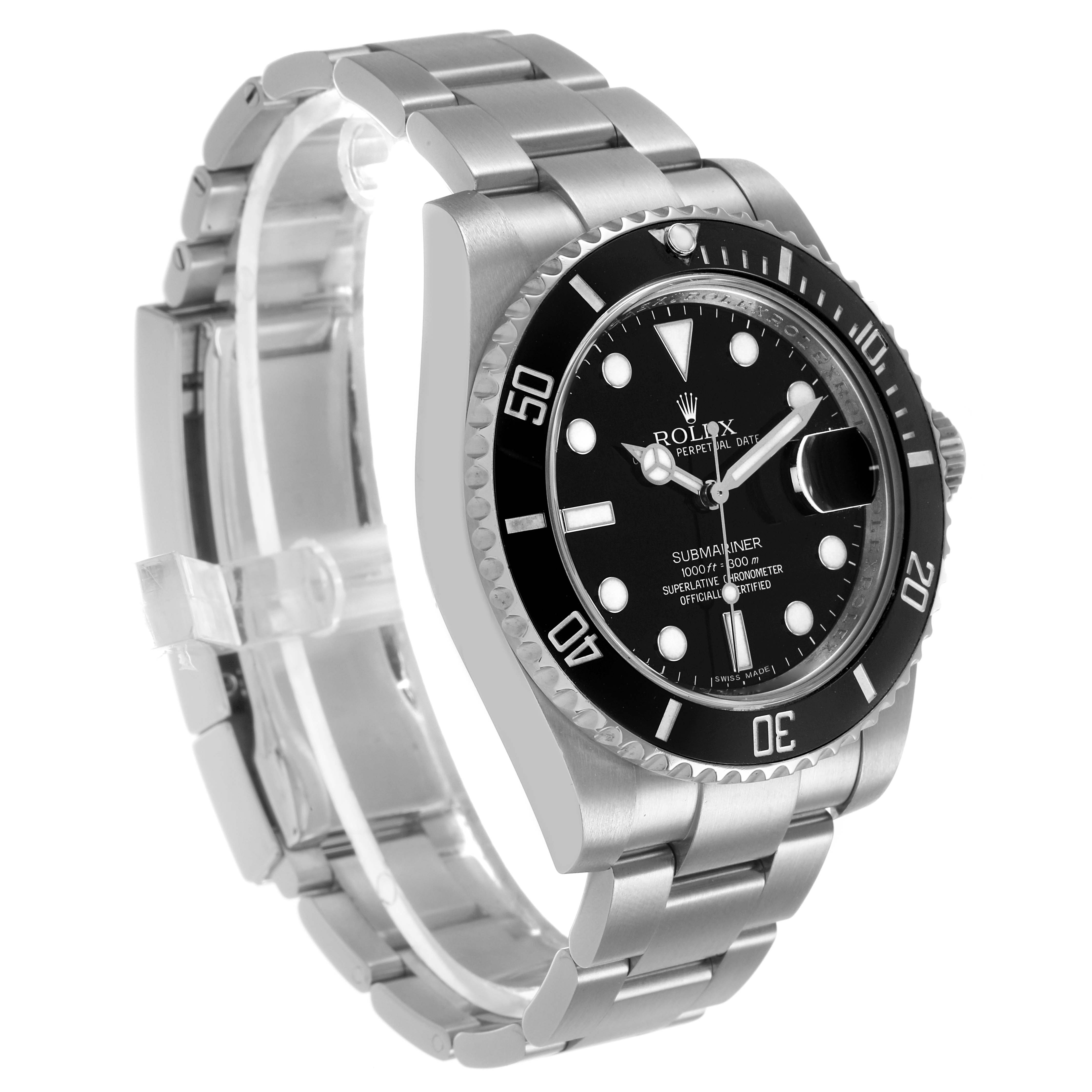 The Rolex Submariner 116610 Men's Stainless Steel Black Dial watch is shown at a three-quarter angle, highlighting the bezel, face, and stainless steel bracelet.