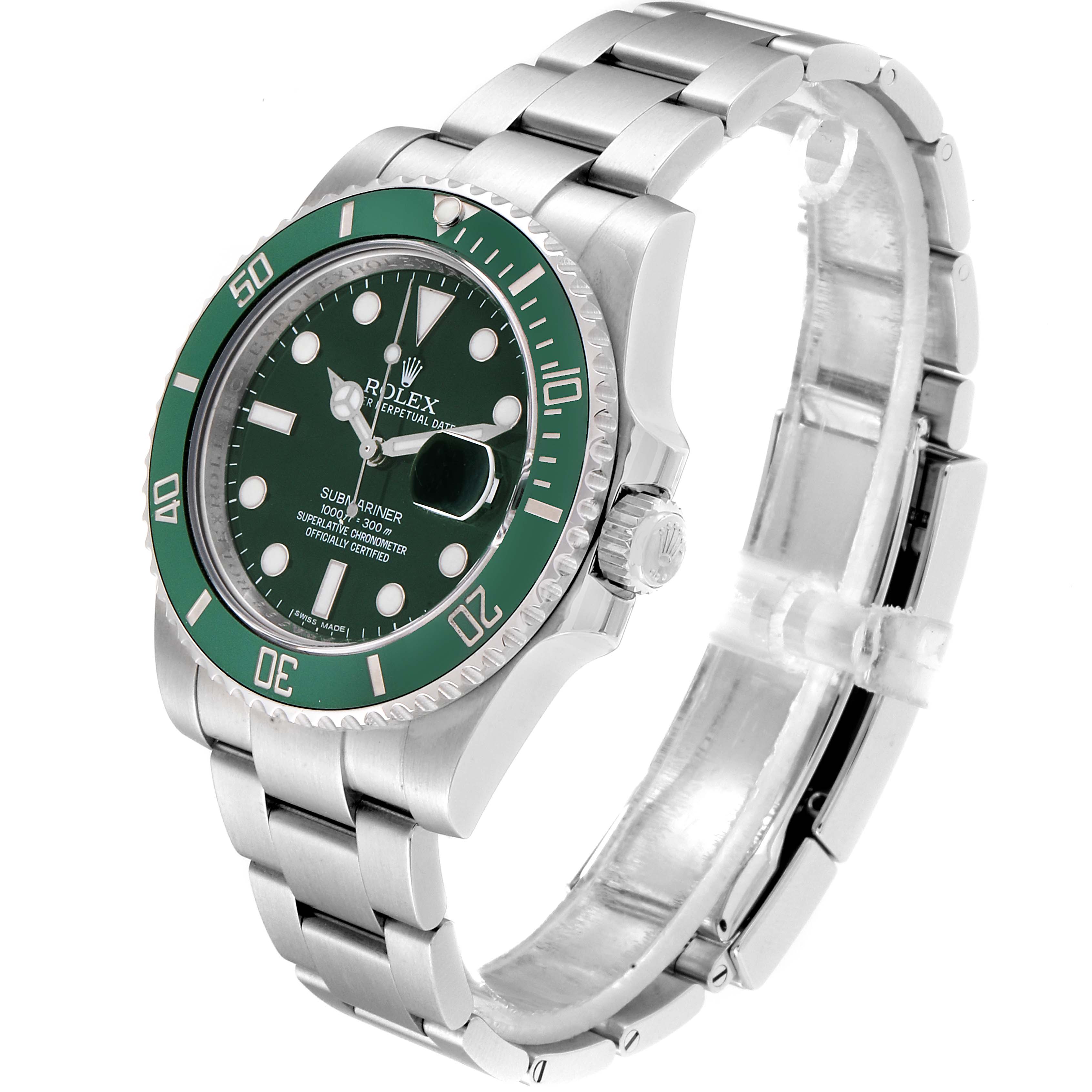 This Rolex Submariner 116610LV  Men
s Stainless Steel Green Dial 116610LV  Men
s Stainless Steel Green Dial watch is shown from a three-quarter front angle, displaying the face, bezel, bracelet, and crown.