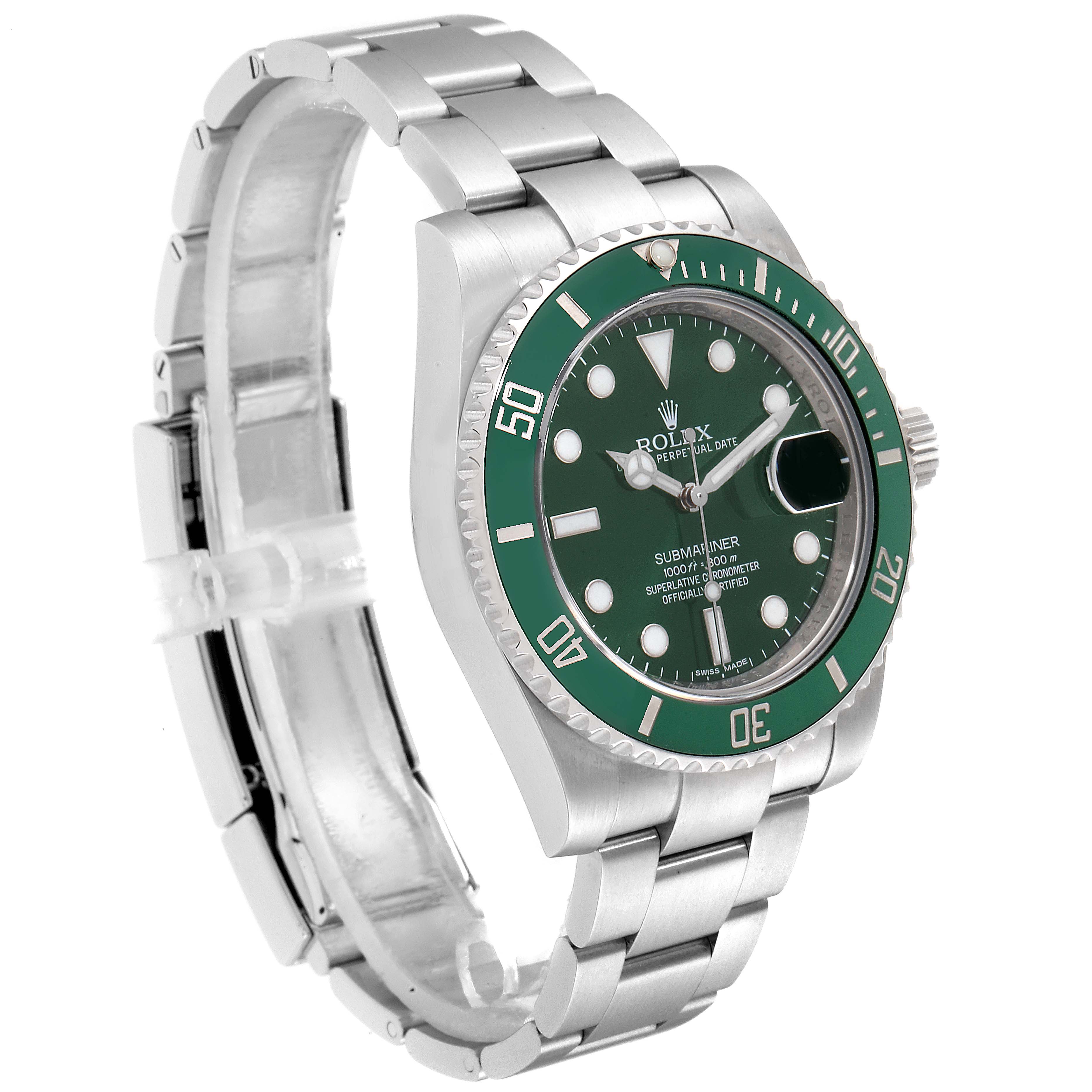 The Rolex Submariner 116610LV  Men
s Stainless Steel Green Dial 116610LV  Men
s Stainless Steel Green Dial watch is shown at an angle highlighting the green bezel, face, and stainless steel bracelet.