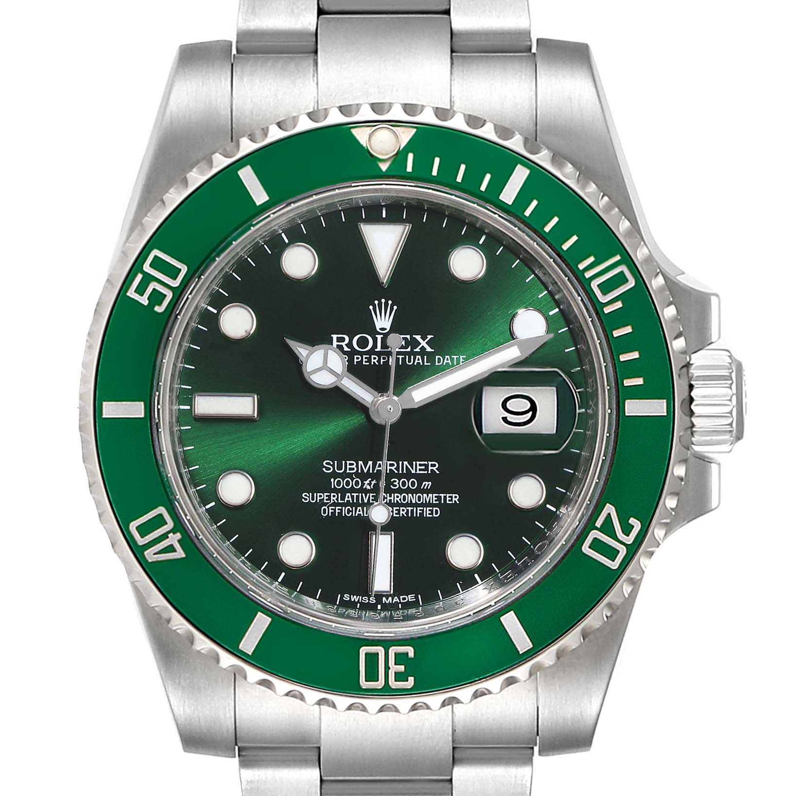 The image shows a frontal view of a Rolex Submariner 116610LV  Men
s Stainless Steel Green Dial 116610LV  Men
s Stainless Steel Green Dial watch with a green bezel and dial, including the stainless steel bracelet and date window.