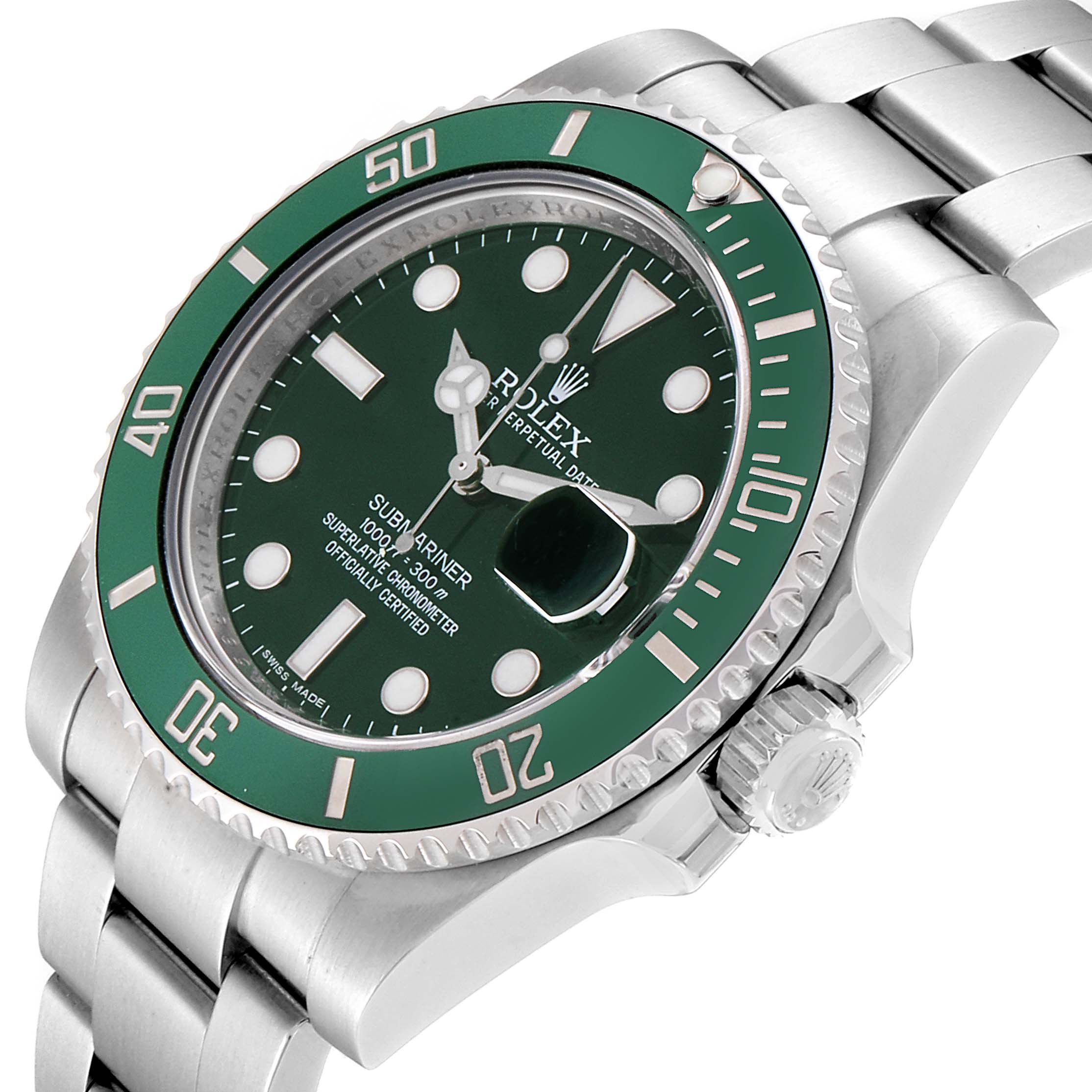 The Rolex Submariner 116610LV  Men
s Stainless Steel Green Dial 116610LV  Men
s Stainless Steel Green Dial watch is shown at a slight angle, highlighting its green dial, bezel, and stainless steel bracelet.