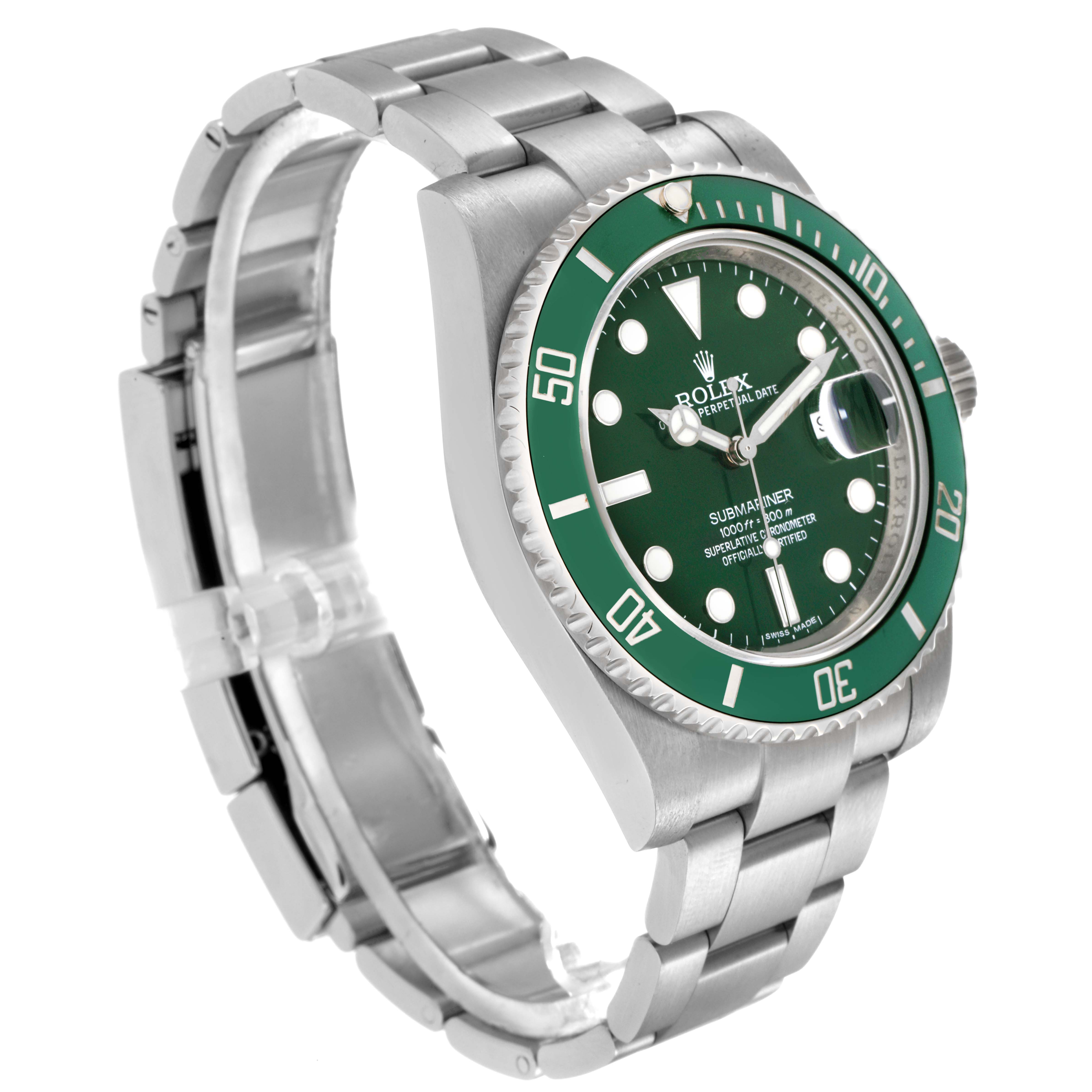 The Rolex Submariner 116610LV Men's Stainless Steel Green Dial 116610LV Men's Stainless Steel Green Dial is shown from a front angle, highlighting the green bezel, dial, and stainless steel bracelet.