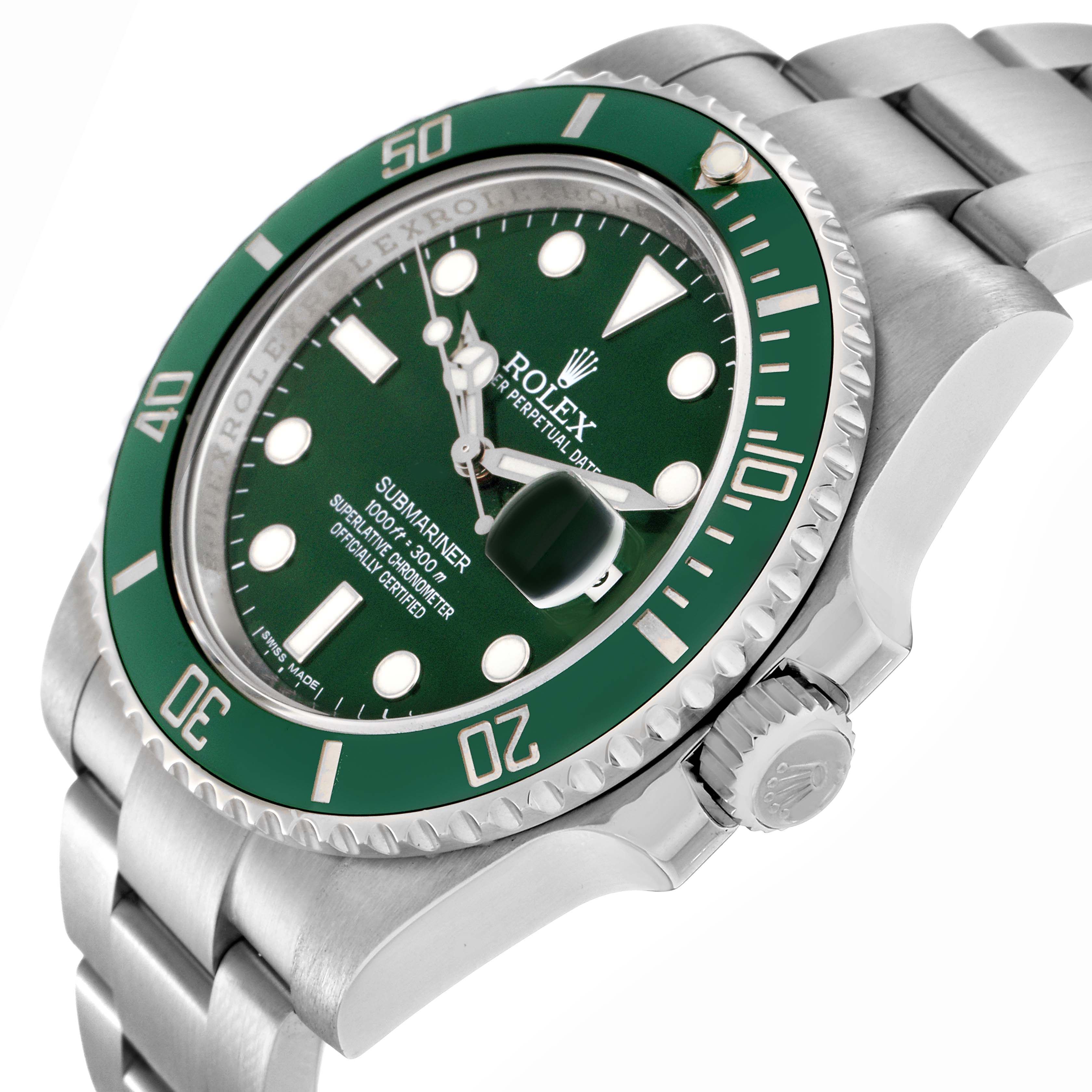 The Rolex Submariner 116610LV Men's Stainless Steel Green Dial 116610LV Men's Stainless Steel Green Dial is shown at a slight angle, displaying the bracelet, green bezel, and dial with markers and hands.
