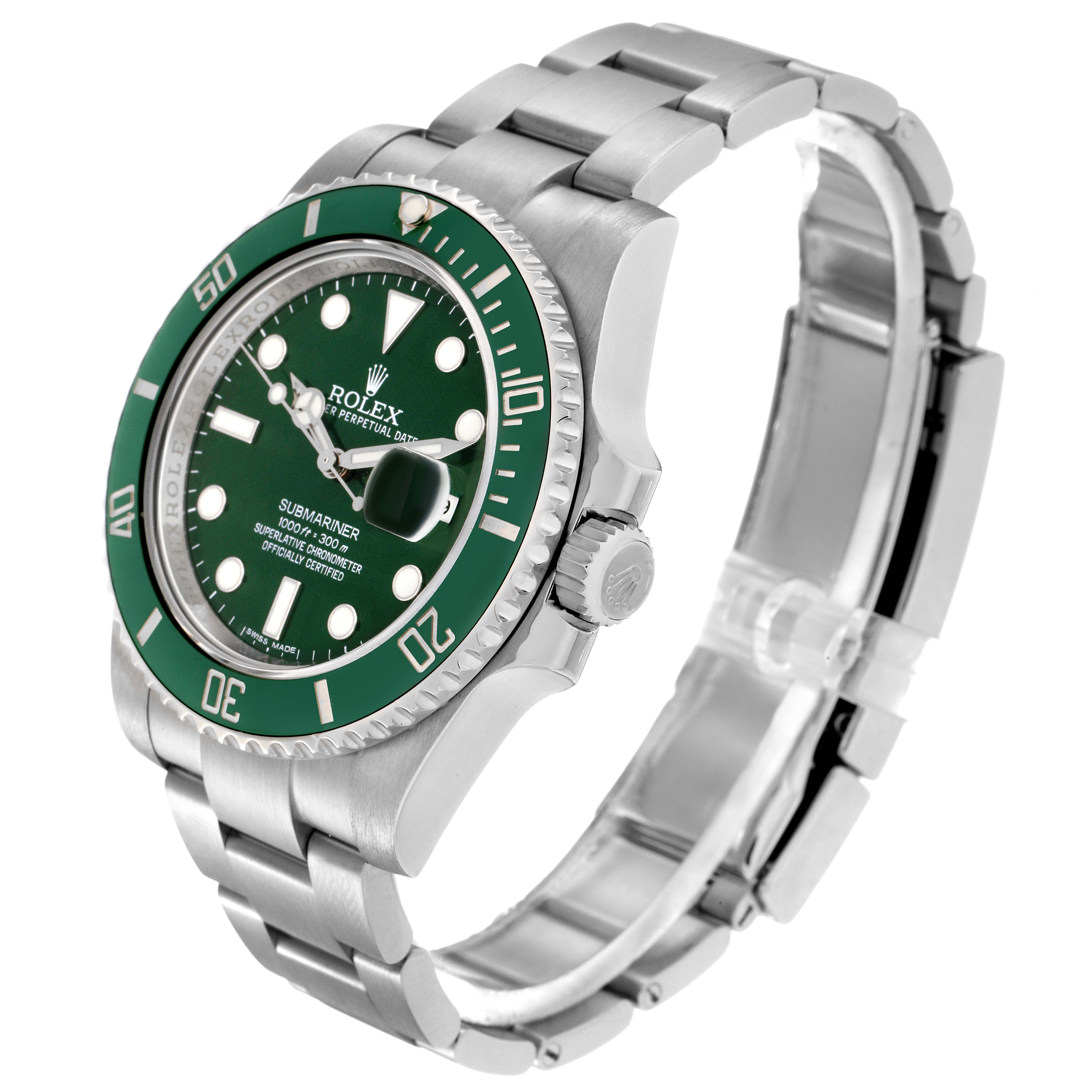 The Rolex Submariner 116610LV Men's Stainless Steel Green Dial 116610LV Men's Stainless Steel Green Dial watch is shown at a three-quarter angle, highlighting its face, bezel, crown, and bracelet.