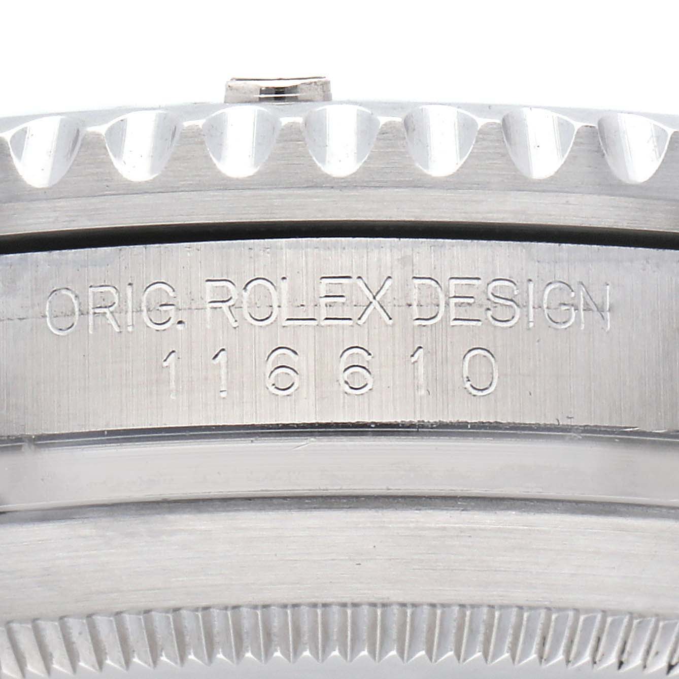 The image shows a close-up of the side of a Rolex Submariner 116610LV Men's Stainless Steel Green Dial 116610LV Men's Stainless Steel Green Dial, highlighting the engraved design and model number.