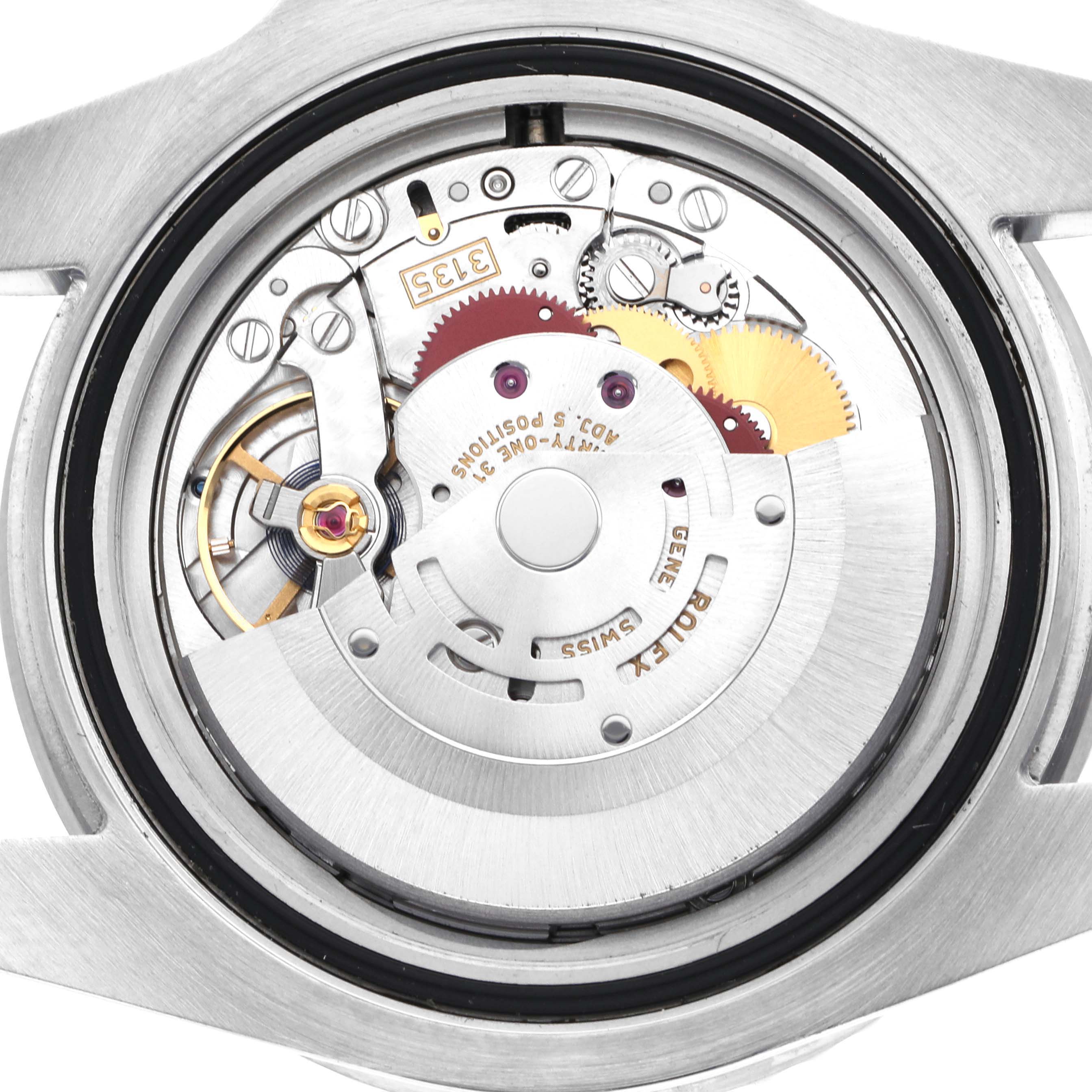 The image shows the movement and internal mechanics of a Rolex Submariner 116610LV Men's Stainless Steel Green Dial 116610LV Men's Stainless Steel Green Dial watch from a back angle.