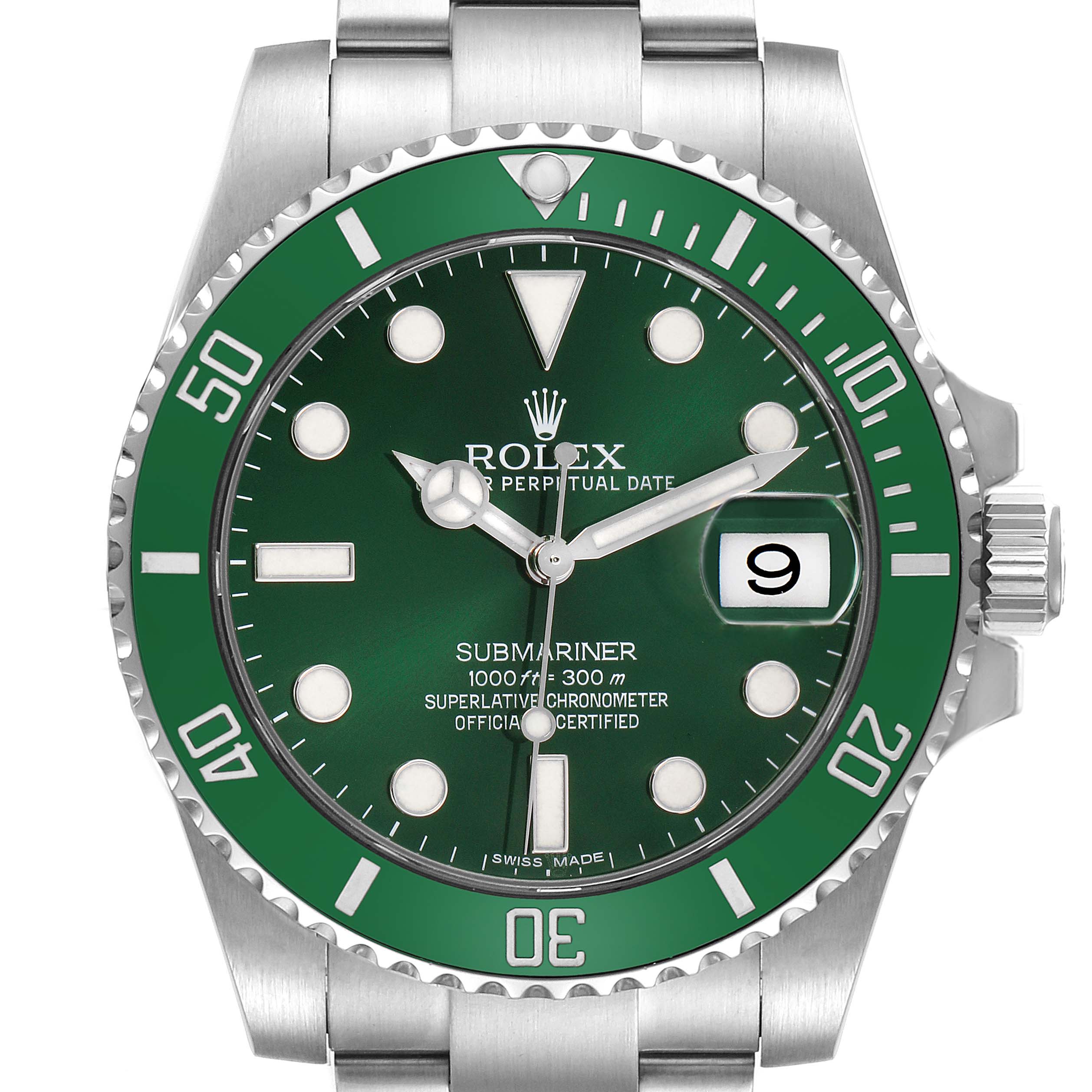 The Rolex Submariner 116610LV Men's Stainless Steel Green Dial 116610LV Men's Stainless Steel Green Dial watch is shown from a front angle, highlighting the face, bezel, and crown.