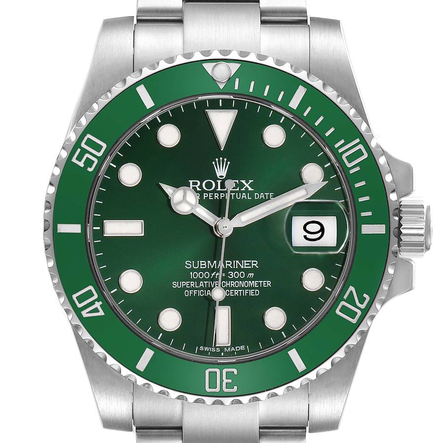 The Rolex Submariner watch is shown from a front angle, highlighting the face, bezel, and crown.