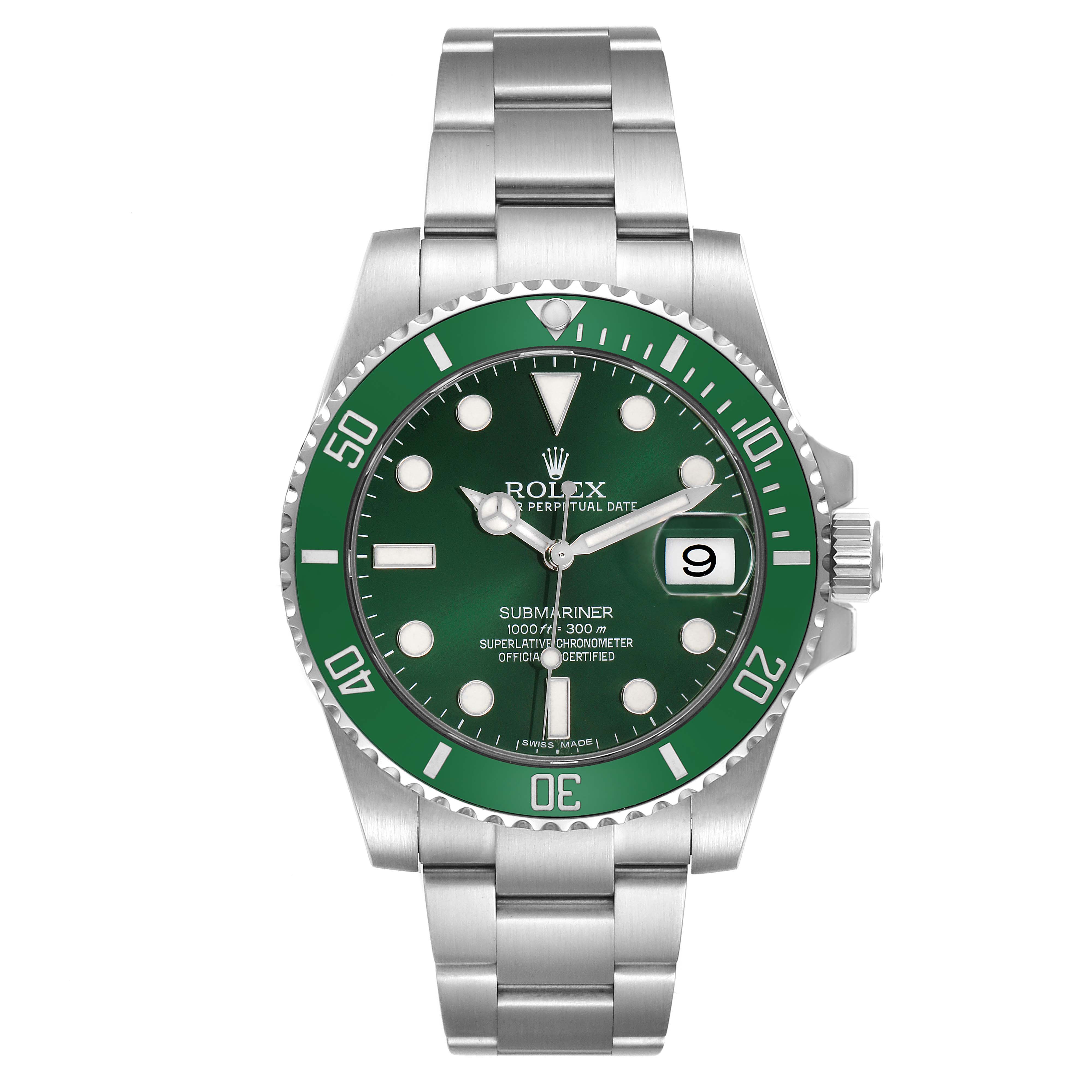 The Rolex Submariner 116610LV Men's Stainless Steel Green Dial 116610LV Men's Stainless Steel Green Dial watch is shown from a front view, displaying its green bezel, dial, and metallic bracelet.