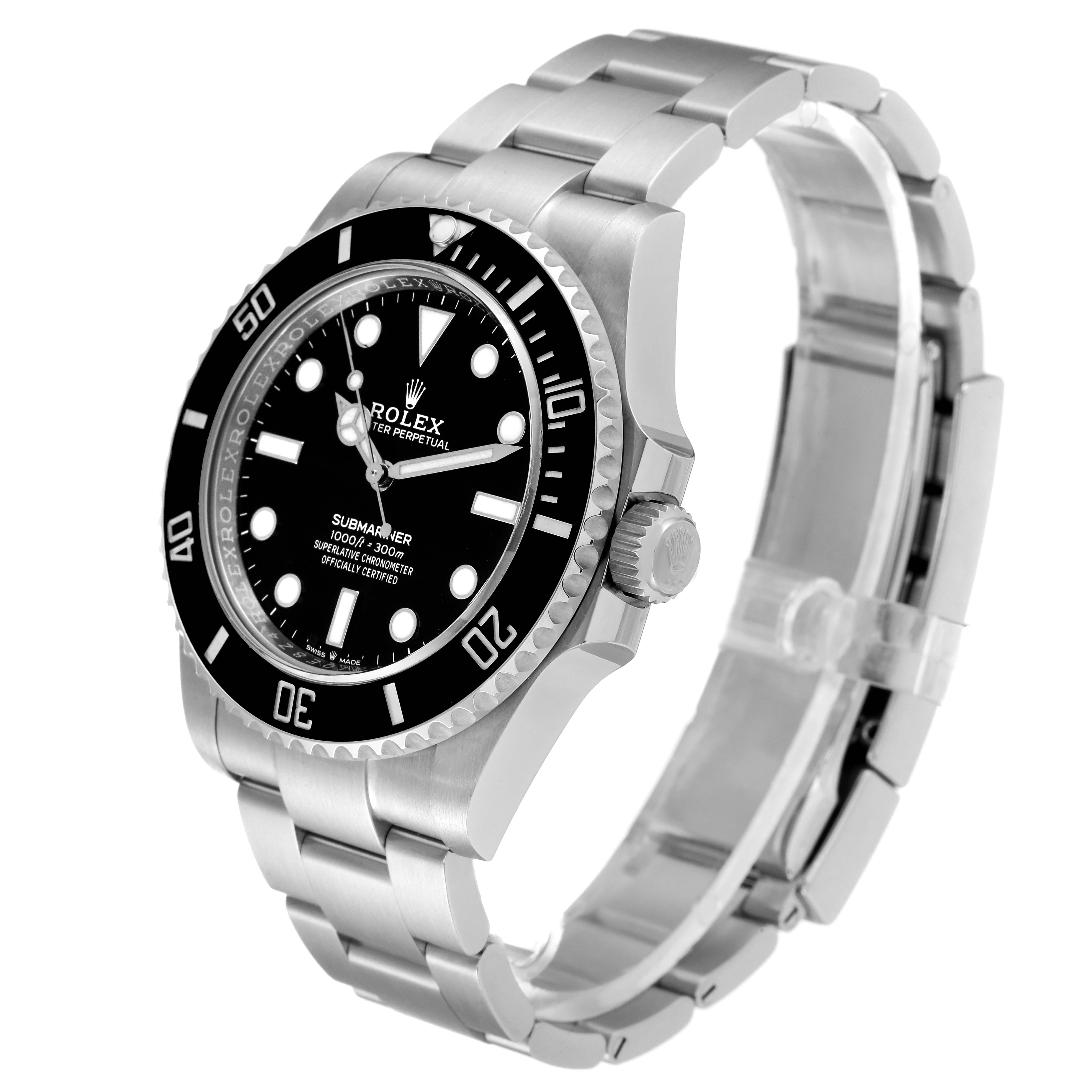 The image shows a Rolex Submariner 124060 Men
s Stainless Steel Black Dial 124060 Men
s Stainless Steel Black Dial watch at a three-quarter angle, highlighting the bezel, dial, and bracelet.