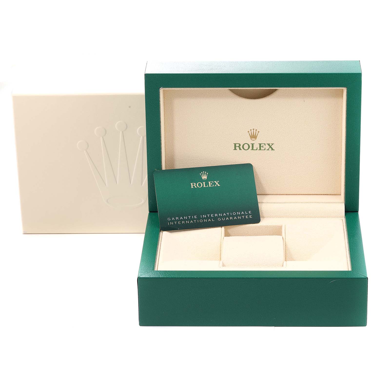 A Rolex Submariner 124060 Men
s Stainless Steel Black Dial 124060 Men
s Stainless Steel Black Dial box and international guarantee card are shown from the front angle with no watch inside.