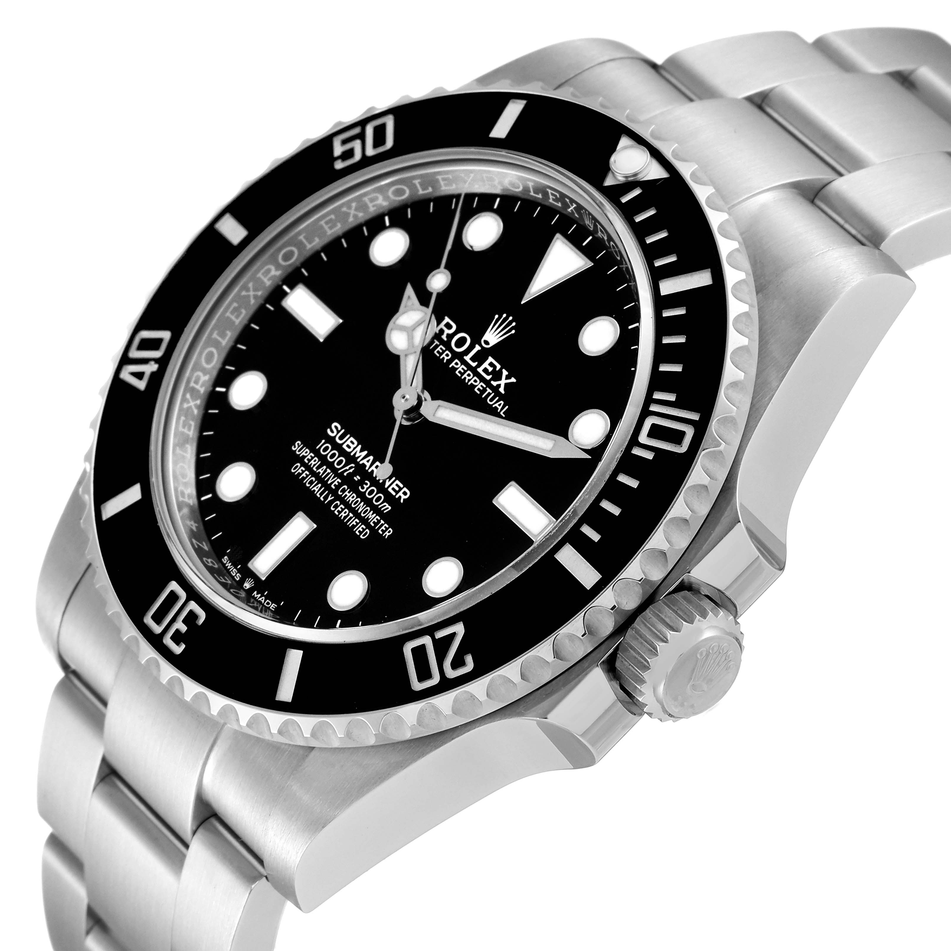 The Rolex Submariner 124060 Men
s Stainless Steel Black Dial 124060 Men
s Stainless Steel Black Dial model is shown at a slight angle, highlighting the dial, bezel, crown, and part of the bracelet.
