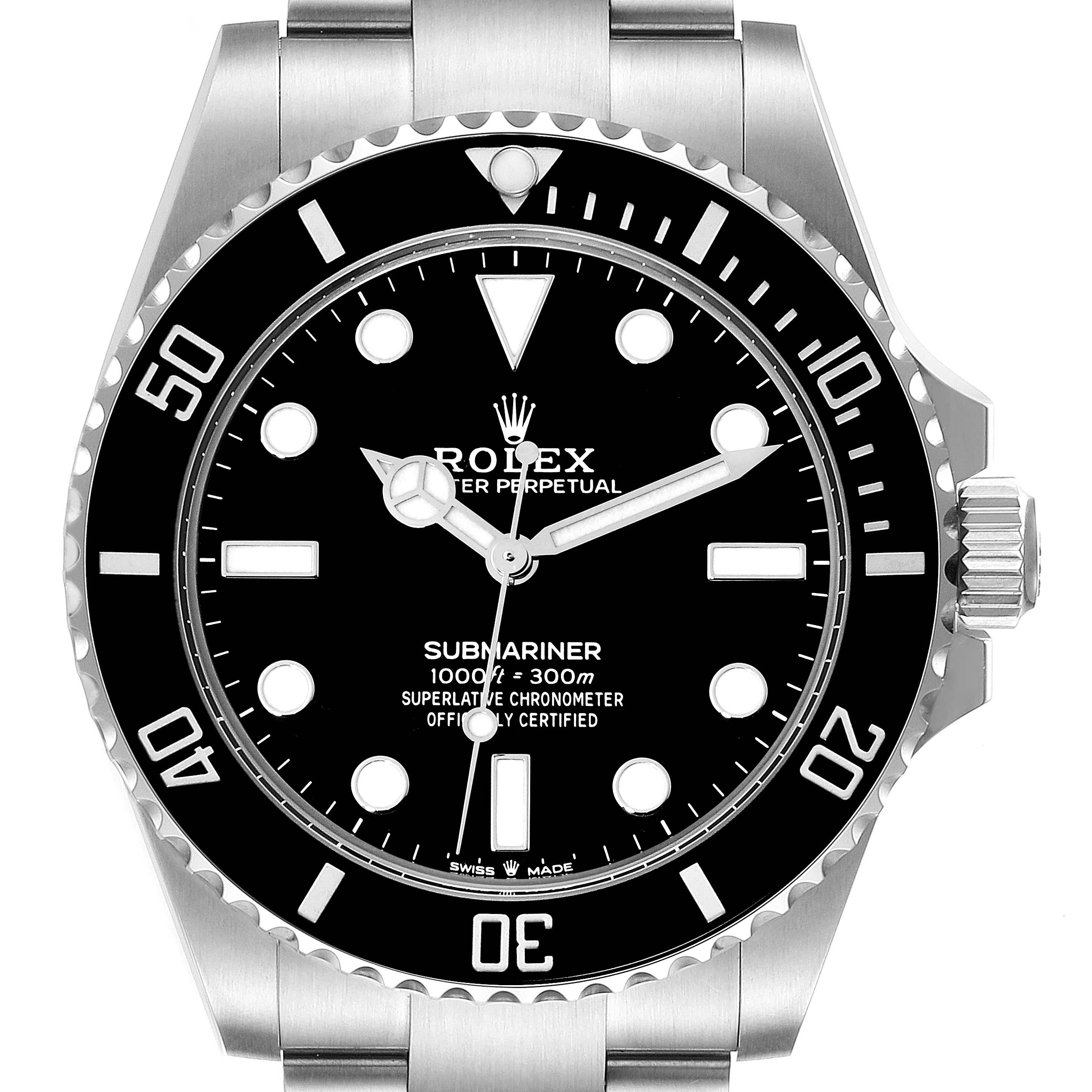 The image shows a front view of the Rolex Submariner 124060 Men
s Stainless Steel Black Dial 124060 Men
s Stainless Steel Black Dial watch highlighting the bezel, dial, hands, and bracelet.
