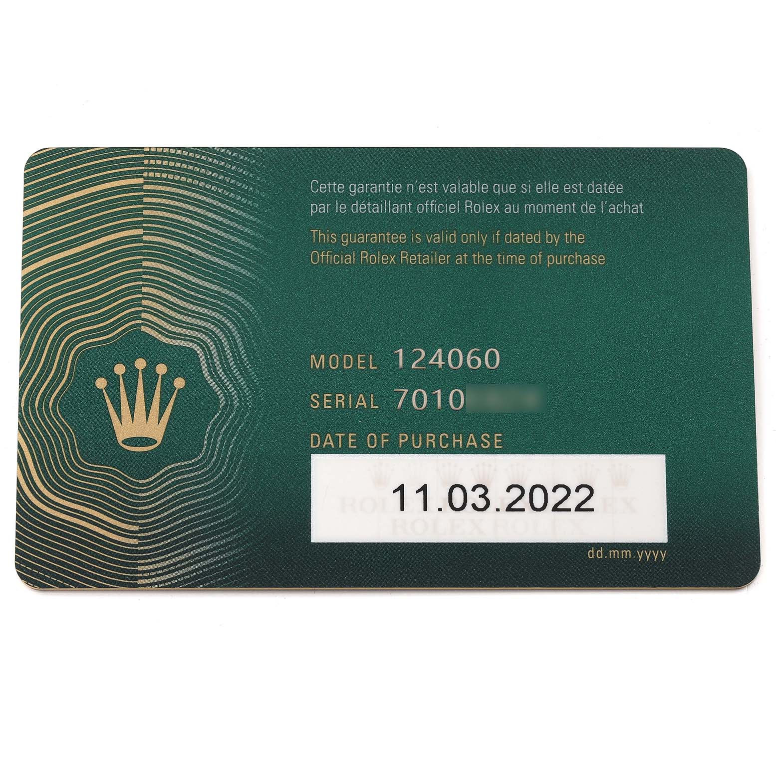 This image shows the warranty card for a Rolex Submariner 124060 Men
s Stainless Steel Black Dial 124060 Men
s Stainless Steel Black Dial model 124060 with a date of purchase of 11.03.2022.