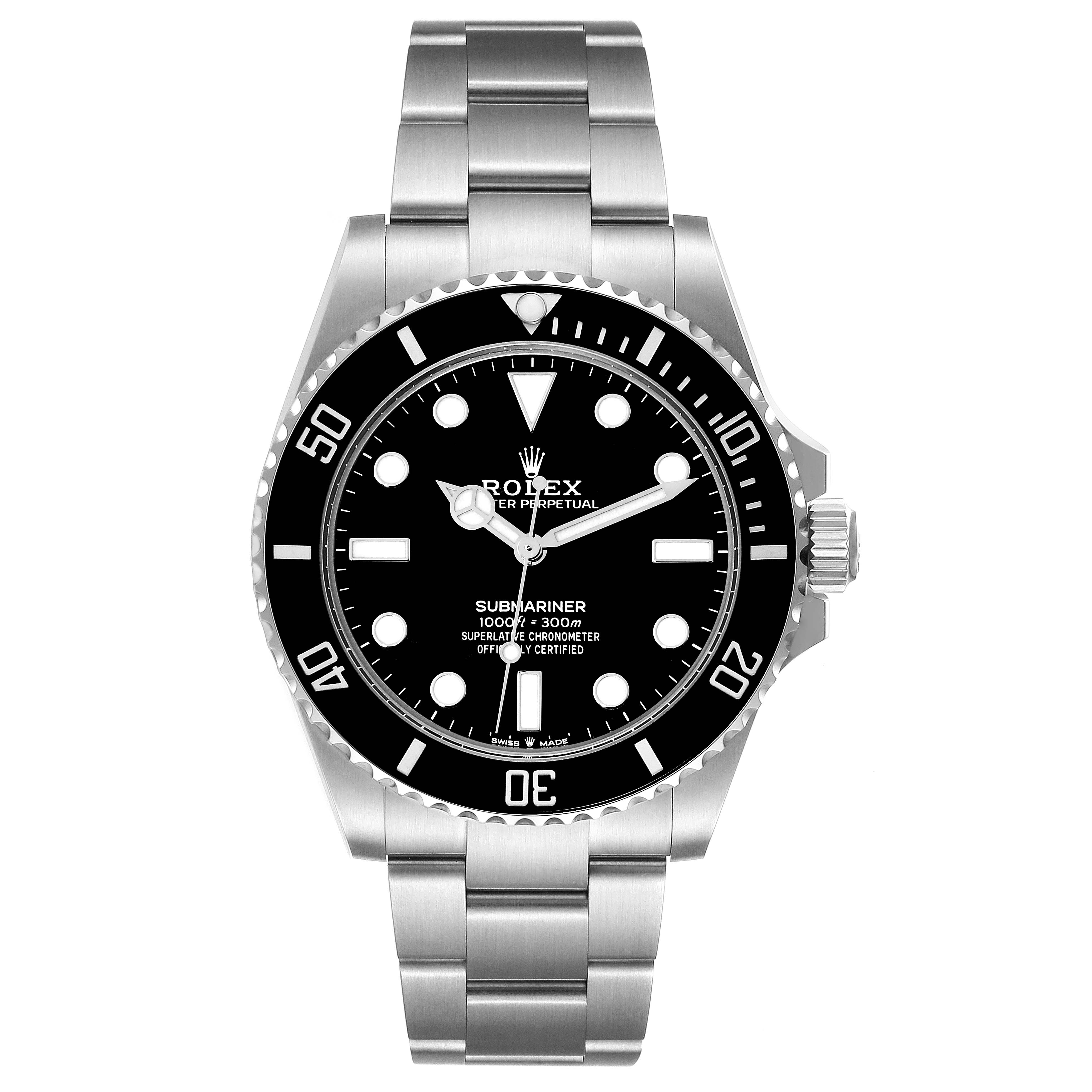 The image shows a front view of a Rolex Submariner 124060 Men
s Stainless Steel Black Dial 124060 Men
s Stainless Steel Black Dial watch, highlighting its bezel, dial, hands, and bracelet.