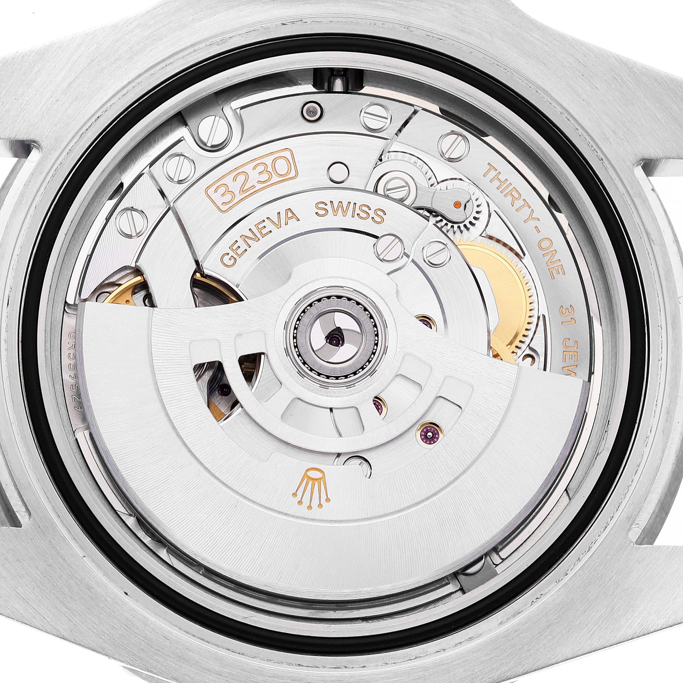 This image shows a close-up of the Rolex Submariner 124060 Men
s Stainless Steel Black Dial 124060 Men
s Stainless Steel Black Dial
s automatic movement mechanism from the back.