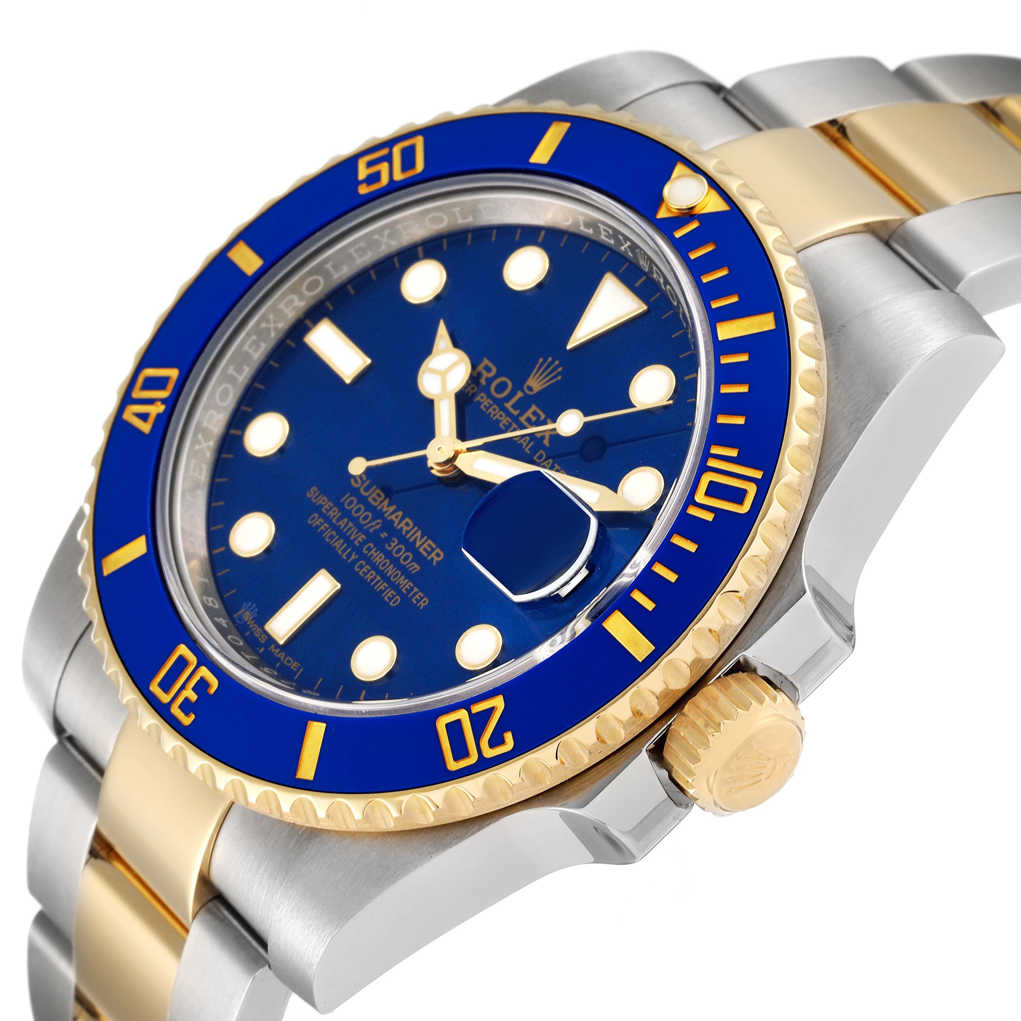 The image shows a side angle of a Rolex Submariner 116613 Men's Steel and Gold (two tone) Blue Dial 116613 Men's Steel and Gold (two tone) Blue Dial, highlighting the blue bezel, dial, crown, and two-tone bracelet.