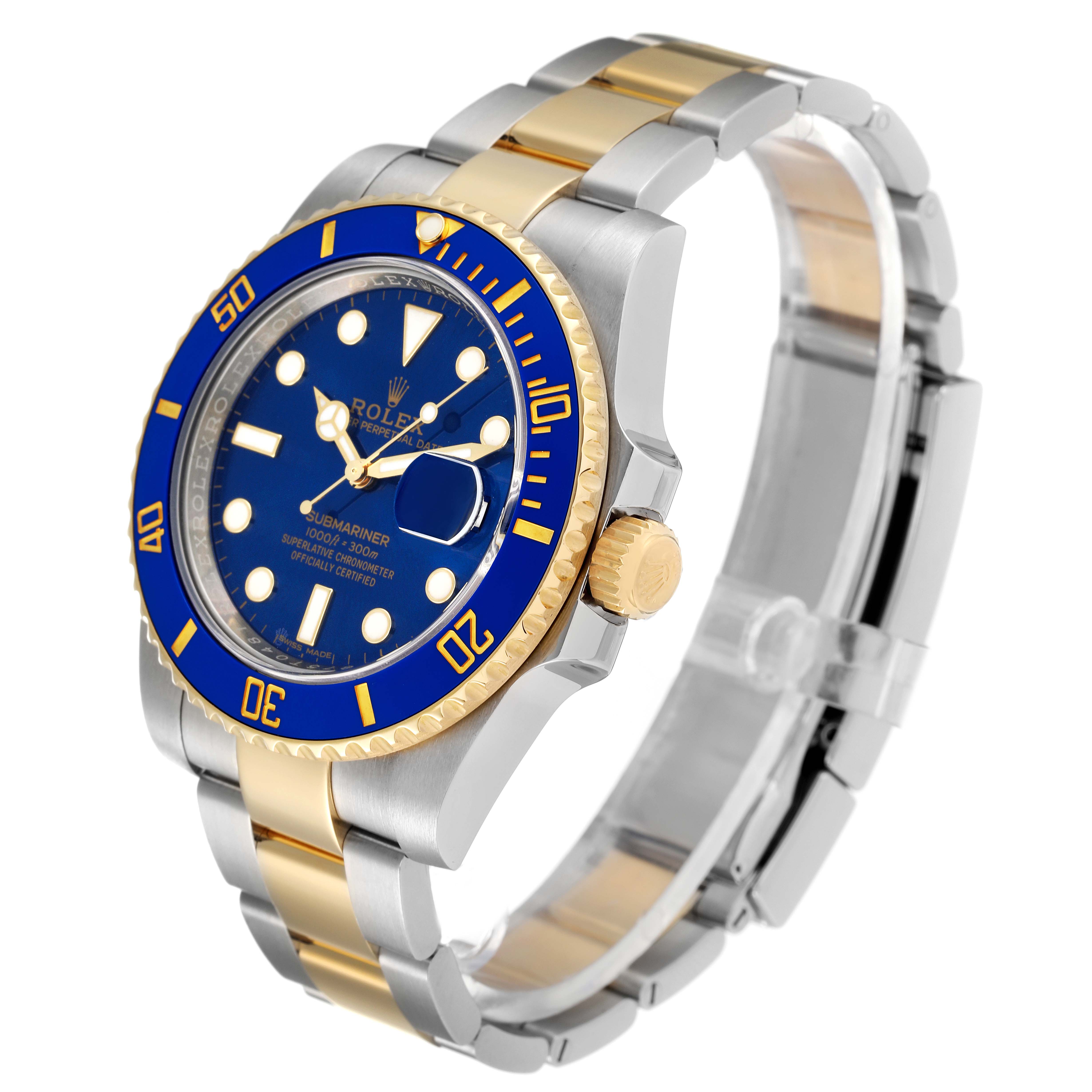 The image shows a side angle of a Rolex Submariner 116613 Men's Steel and Gold (two tone) Blue Dial 116613 Men's Steel and Gold (two tone) Blue Dial watch, displaying its face, bezel, crown, and bracelet.