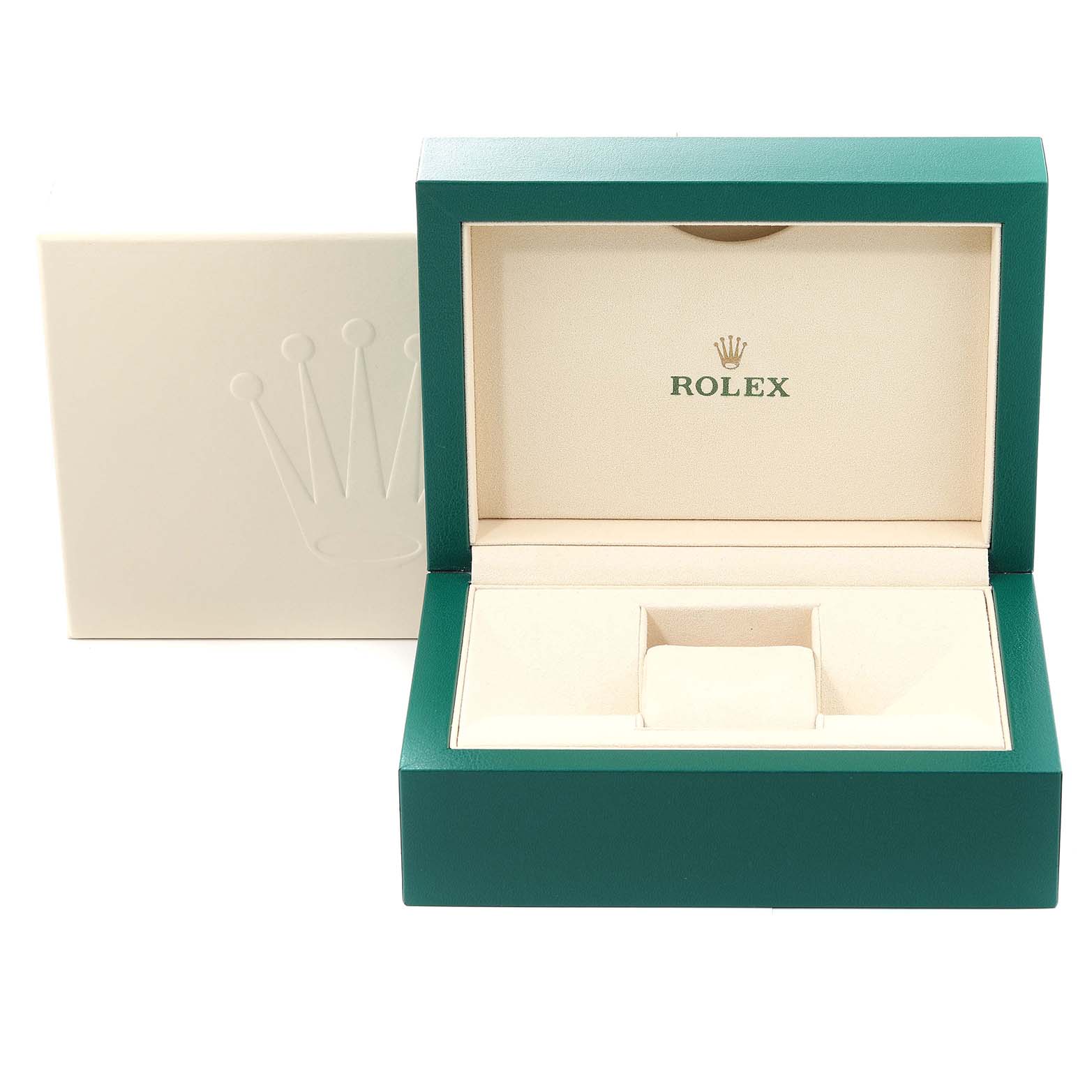 The image shows an empty open box for a Rolex Submariner 116613 Men's Steel and Gold (two tone) Blue Dial 116613 Men's Steel and Gold (two tone) Blue Dial watch, with a green exterior and beige interior.