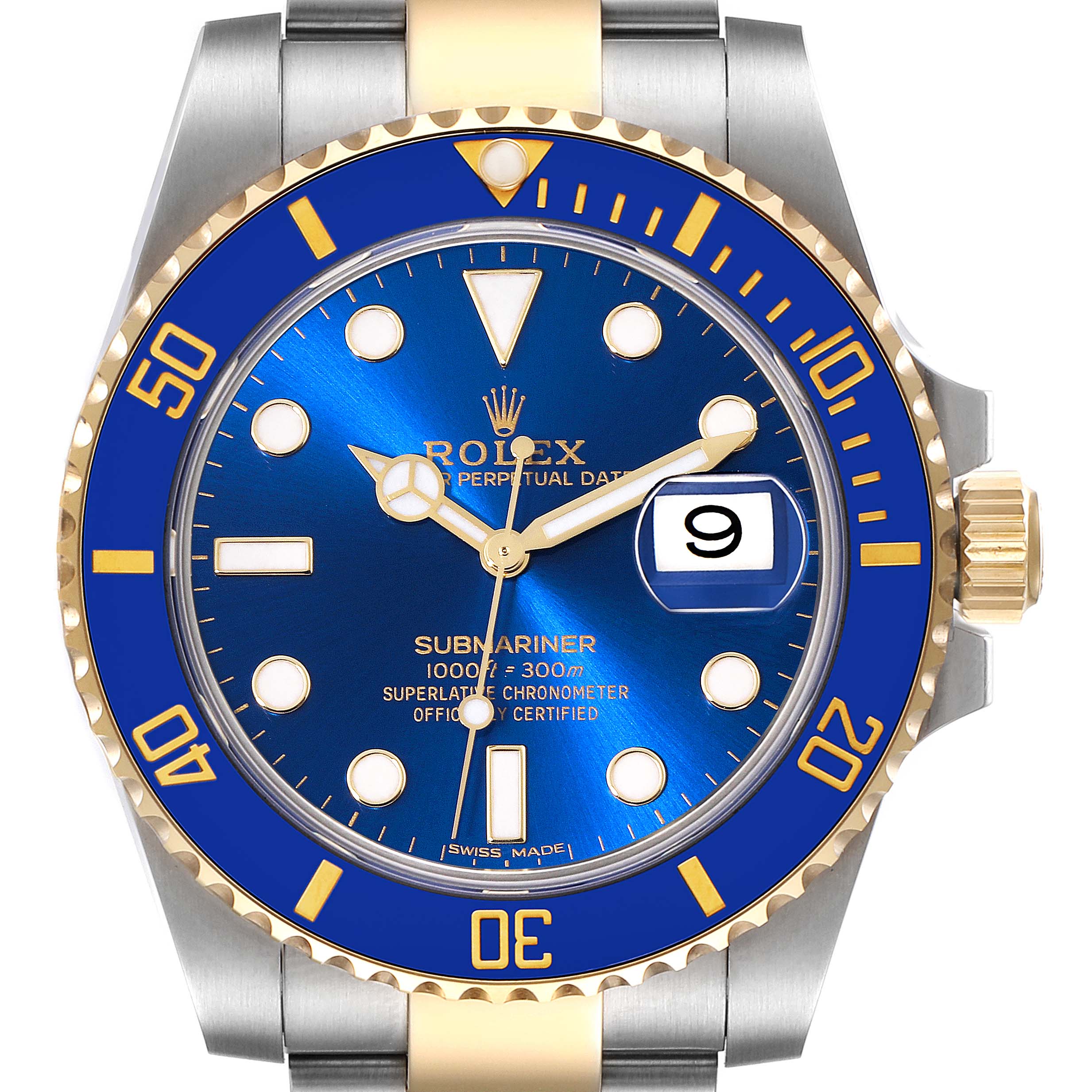 This image shows a close-up of the Rolex Submariner 116613 Men's Steel and Gold (two tone) Blue Dial 116613 Men's Steel and Gold (two tone) Blue Dial watch from the front, highlighting the blue dial and date window at the 3 o'clock position.