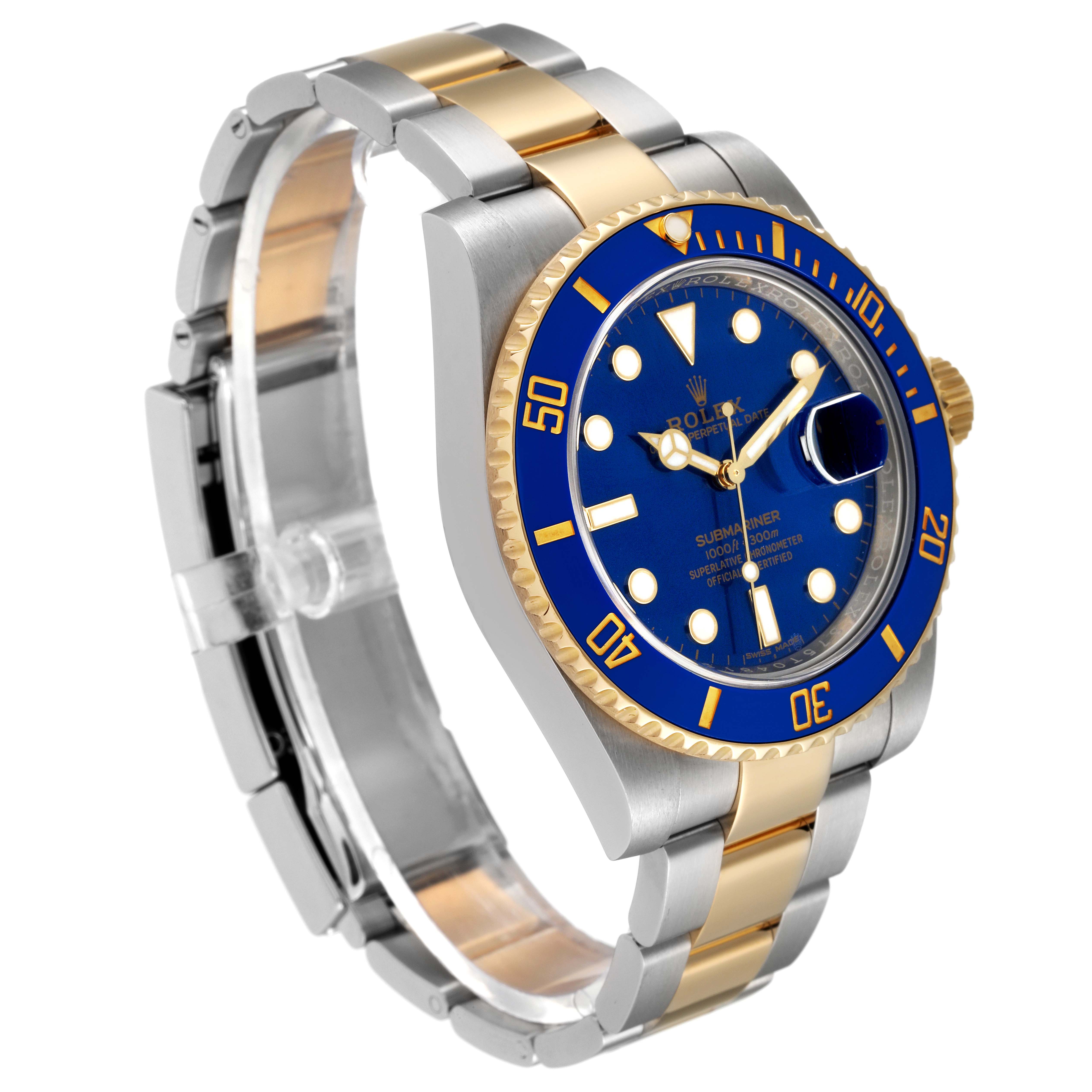 The Rolex Submariner 116613 Men's Steel and Gold (two tone) Blue Dial 116613 Men's Steel and Gold (two tone) Blue Dial watch is shown at an angle displaying the face, bezel, and bi-metallic strap.