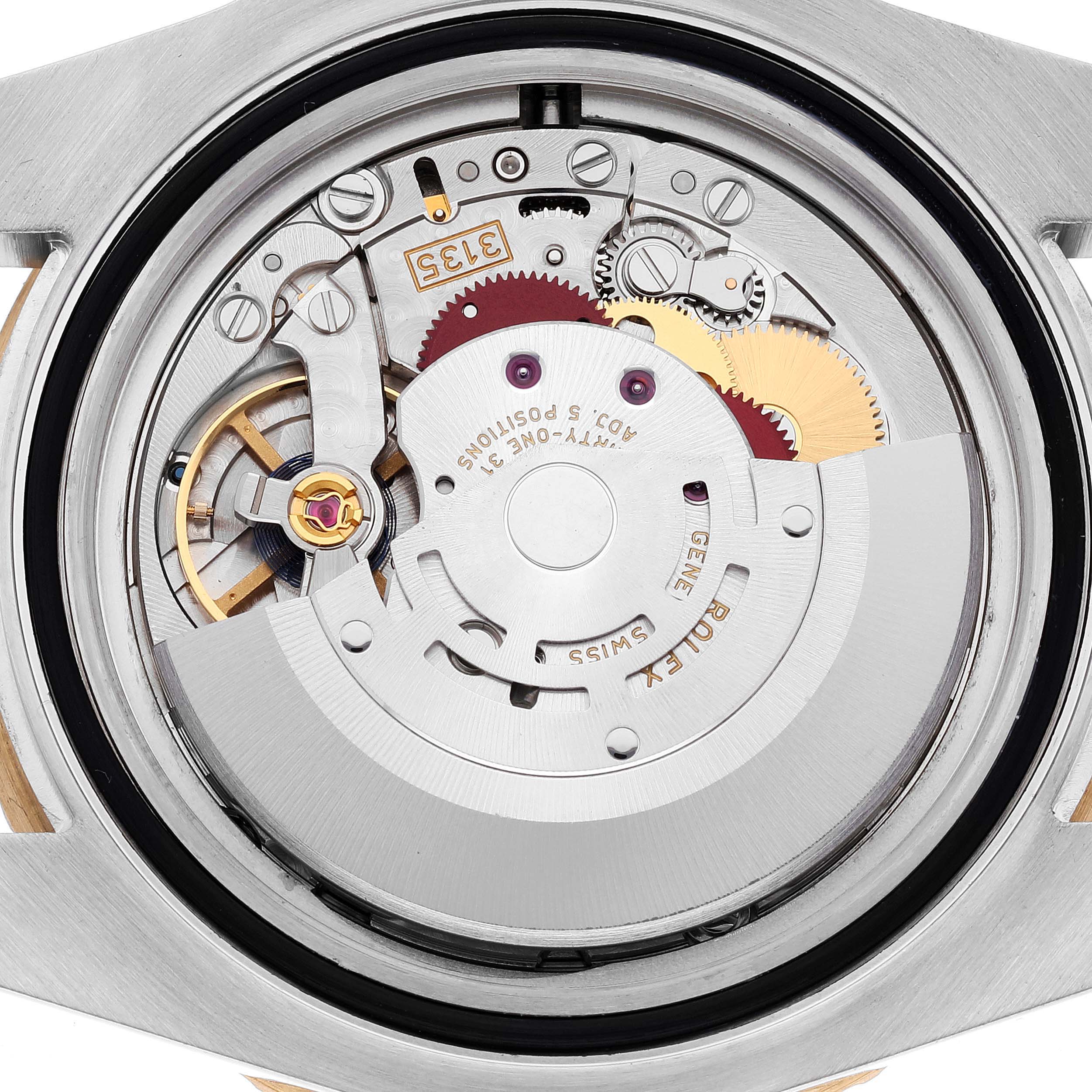 This image shows the internal mechanical movement of a Rolex Submariner 116613 Men's Steel and Gold (two tone) Blue Dial 116613 Men's Steel and Gold (two tone) Blue Dial watch from a top-down angle.