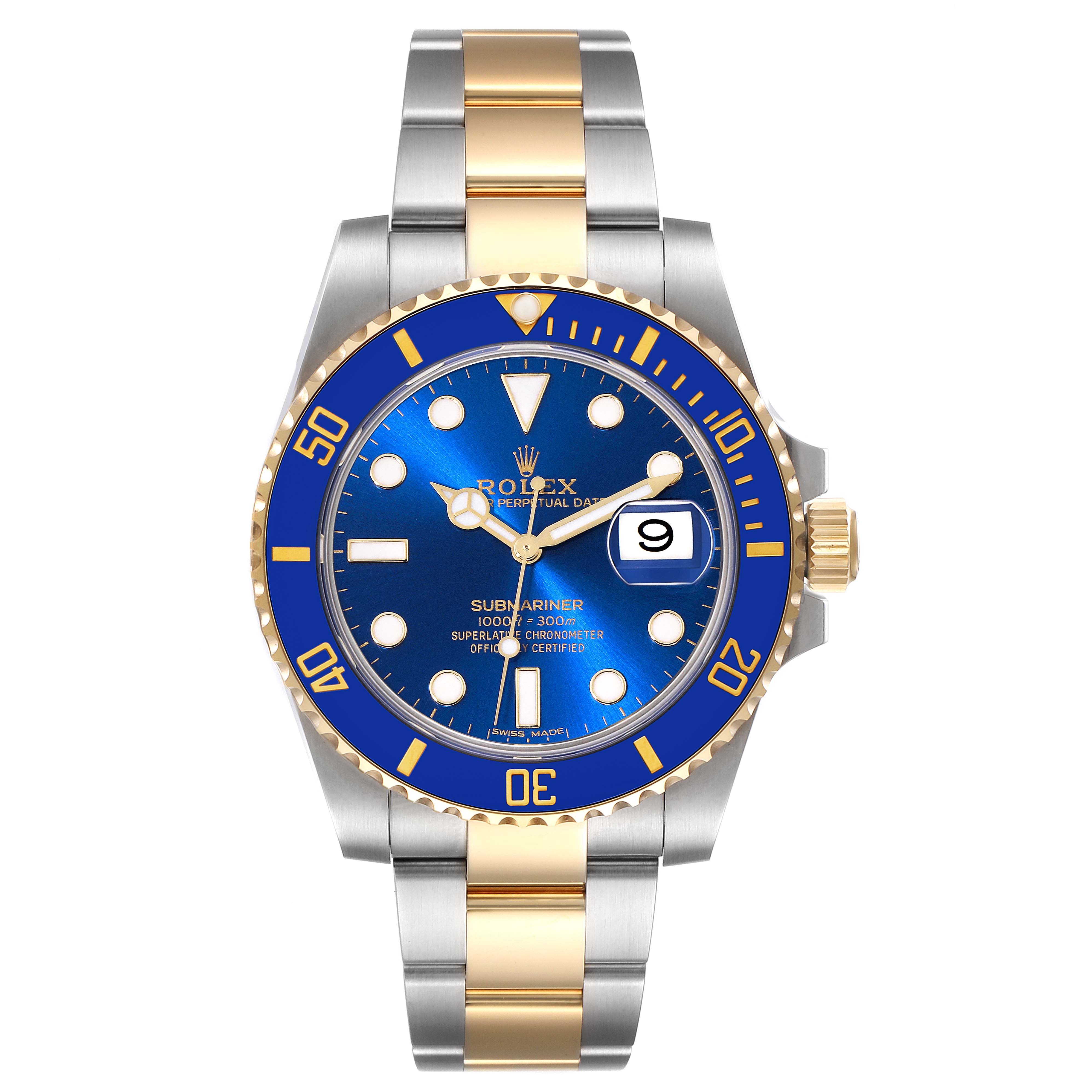 This image shows a frontal view of a Rolex Submariner 116613 Men's Steel and Gold (two tone) Blue Dial 116613 Men's Steel and Gold (two tone) Blue Dial watch, featuring a blue dial, bezel, and a two-tone bracelet.