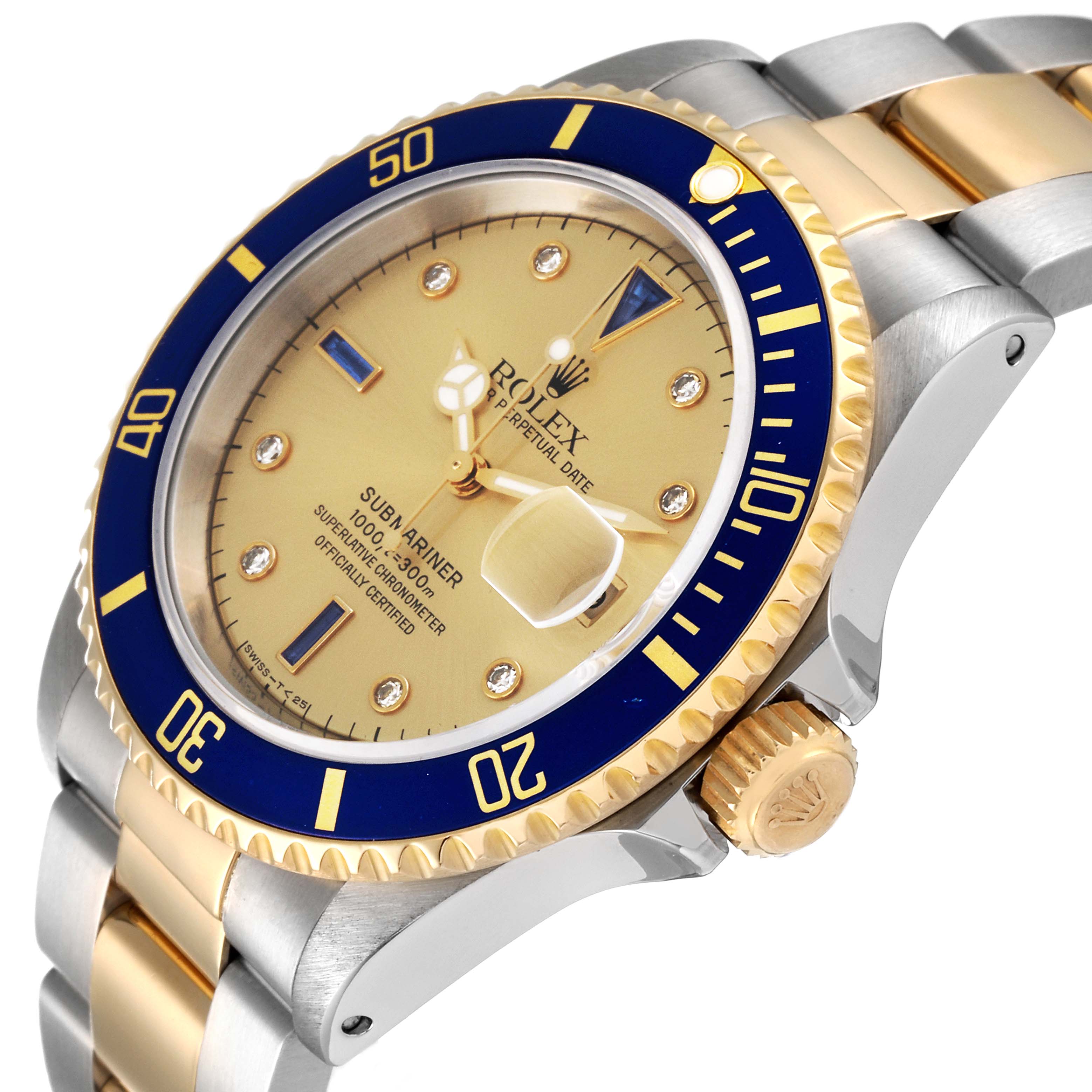 This image shows a side angle of a Rolex Submariner 16613 Men's Steel and Gold (two tone) Champagne Dial 16613 Men's Steel and Gold (two tone) Champagne Dial watch, highlighting the face, bezel, crown, and bracelet.