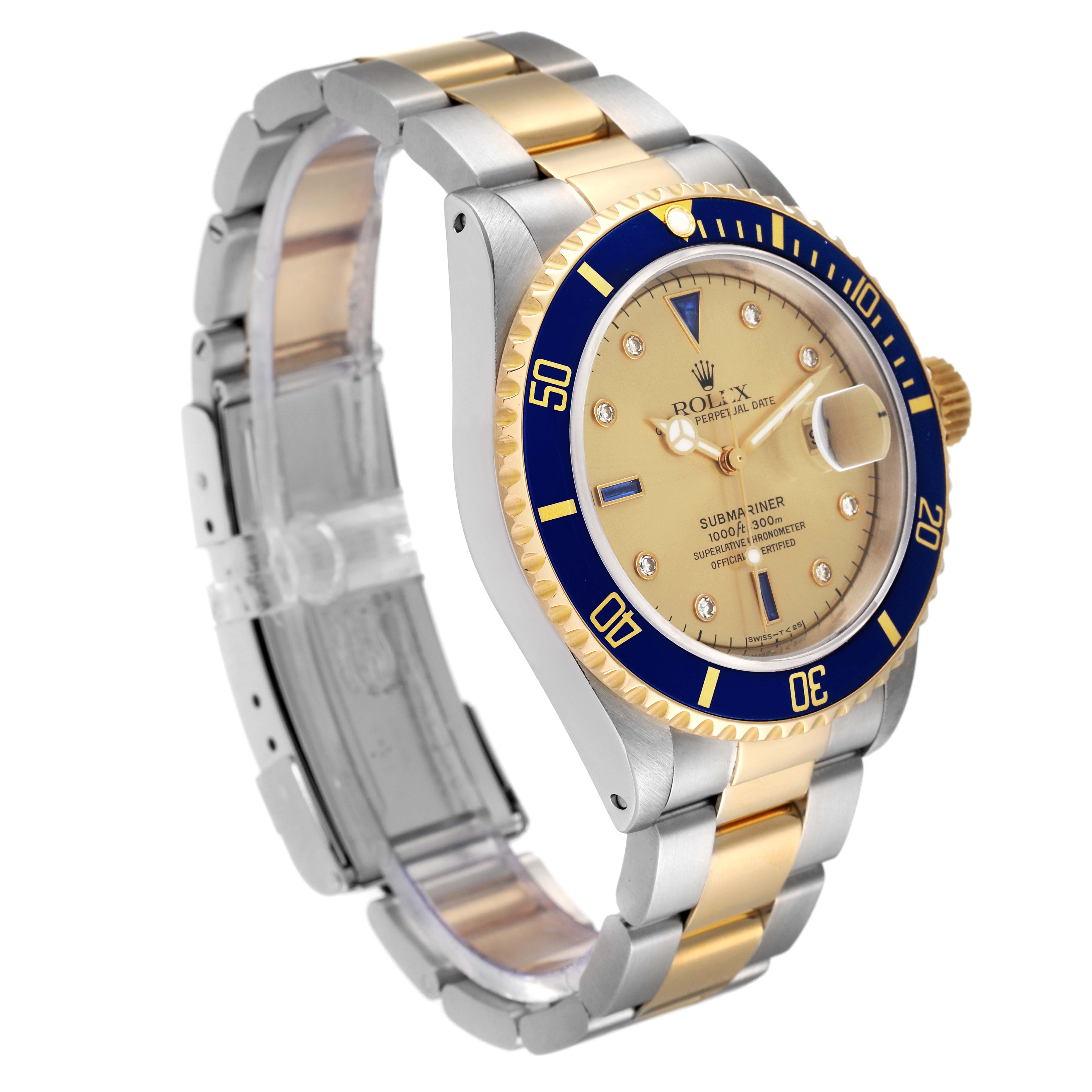 The image shows a side angle of a Rolex Submariner 16613 Men's Steel and Gold (two tone) Champagne Dial 16613 Men's Steel and Gold (two tone) Champagne Dial watch featuring its two-tone metal bracelet and blue bezel.