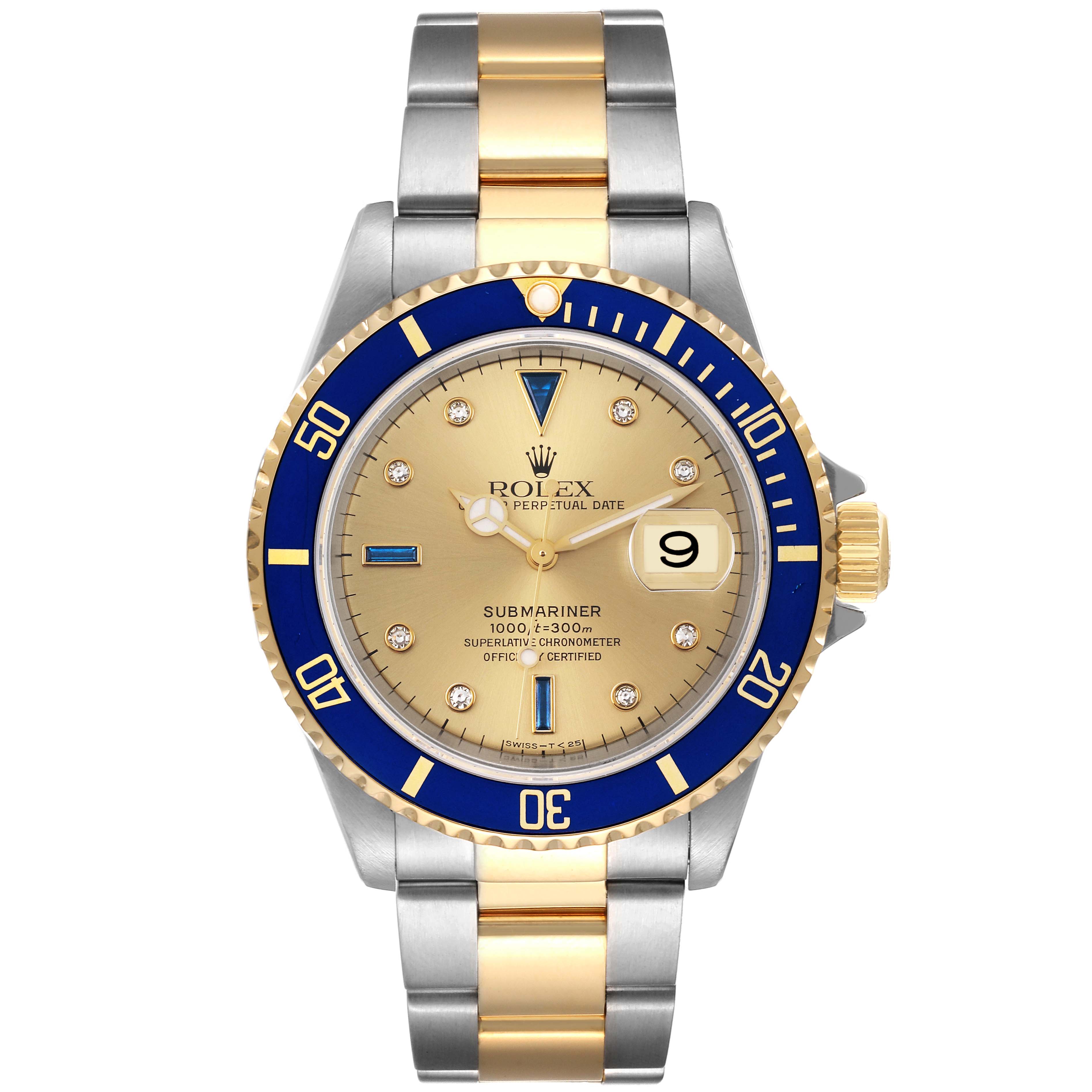 This Rolex Submariner 16613 Men's Steel and Gold (two tone) Champagne Dial 16613 Men's Steel and Gold (two tone) Champagne Dial watch is shown from a front angle, displaying the face, bezel, crown, and bracelet.