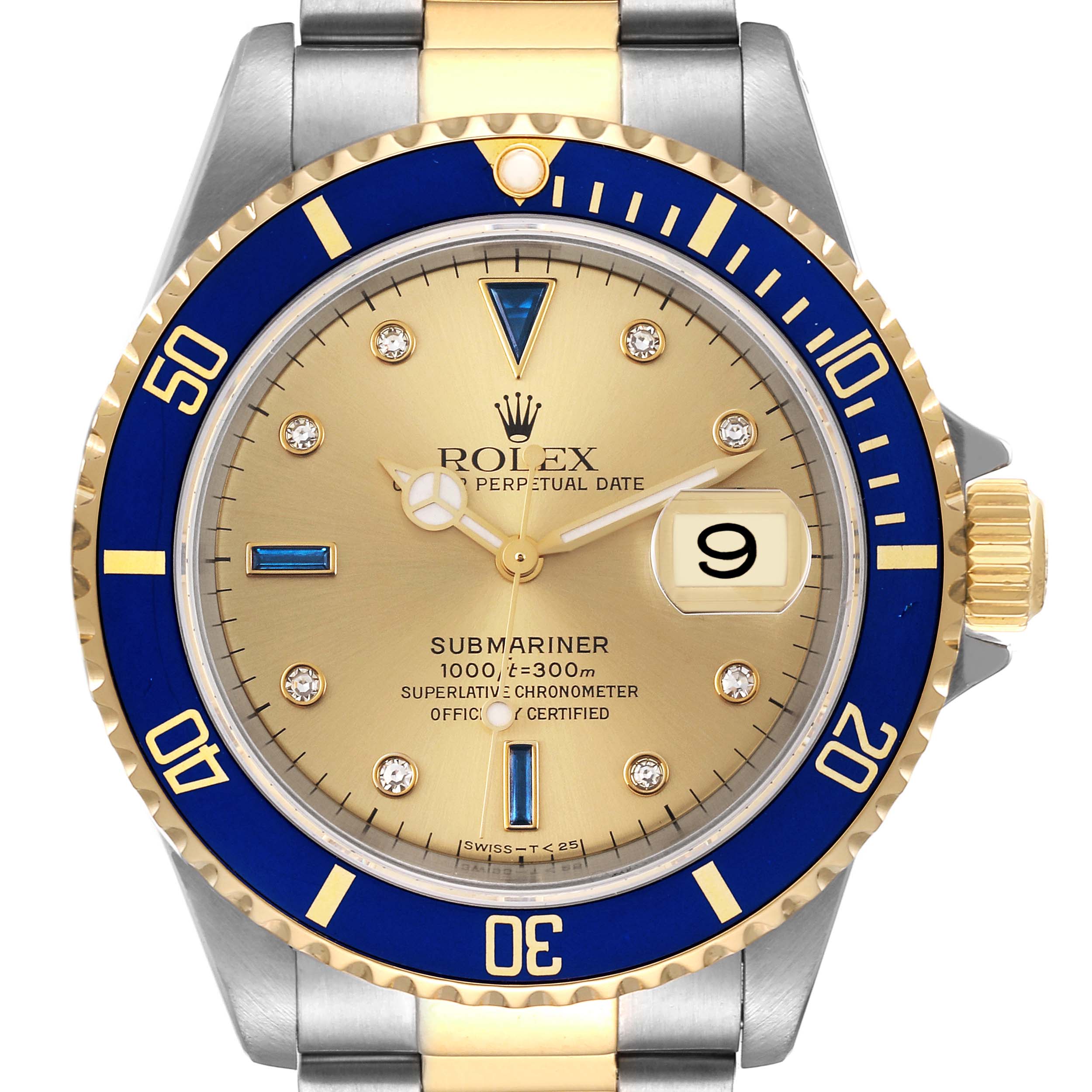 The image shows a front view of a Rolex Submariner 16613 Men's Steel and Gold (two tone) Champagne Dial 16613 Men's Steel and Gold (two tone) Champagne Dial watch, highlighting its gold dial, blue bezel, and two-tone bracelet.
