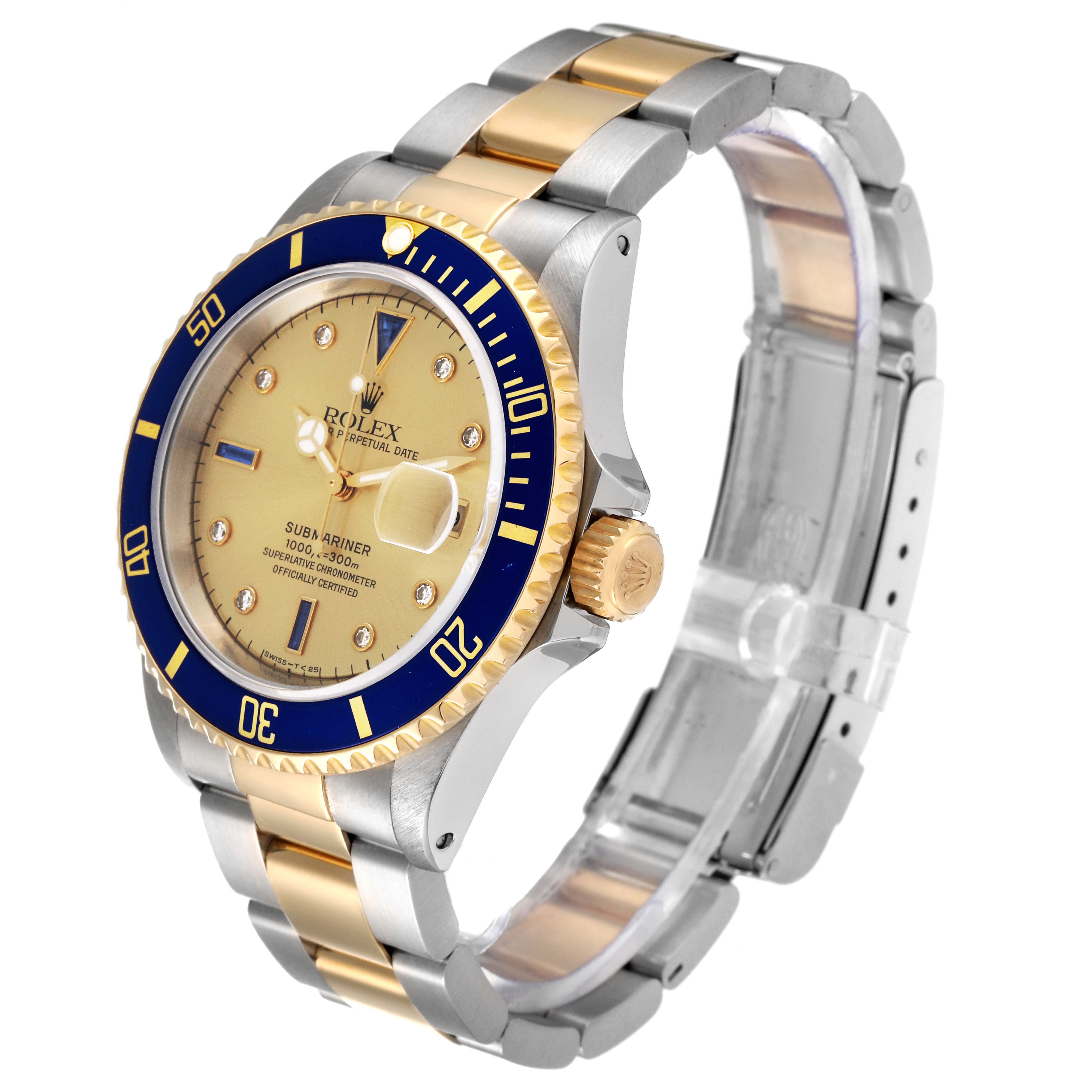 This side-angle image of the Rolex Submariner 16613 Men's Steel and Gold (two tone) Champagne Dial 16613 Men's Steel and Gold (two tone) Champagne Dial watch shows the bezel, crown, dial, and two-tone bracelet.