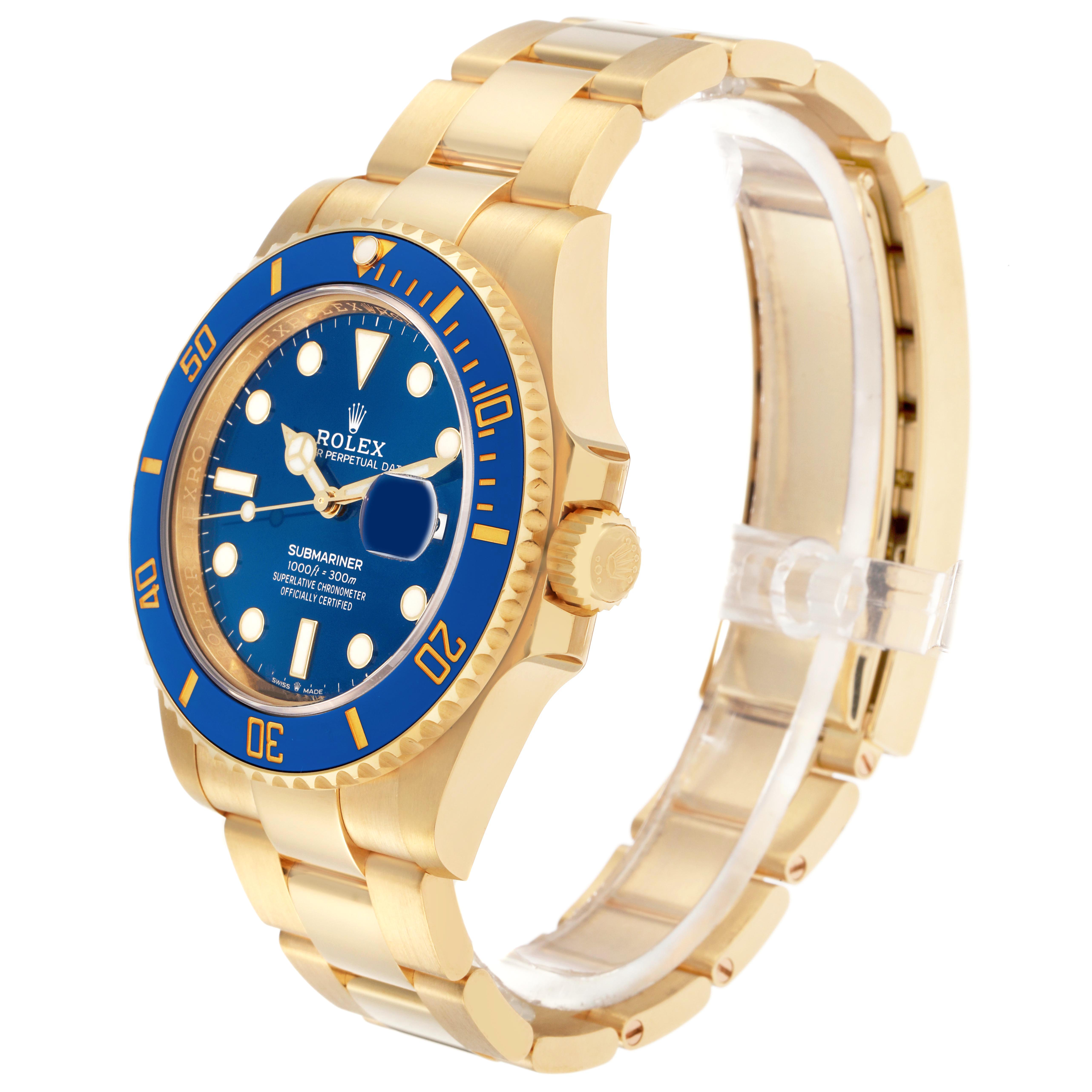 The Rolex Submariner 126618LB Men's Yellow Gold Blue Dial 126618LB Men's Yellow Gold Blue Dial watch is shown at a slight angle, displaying its blue dial, bezel, case, and bracelet.