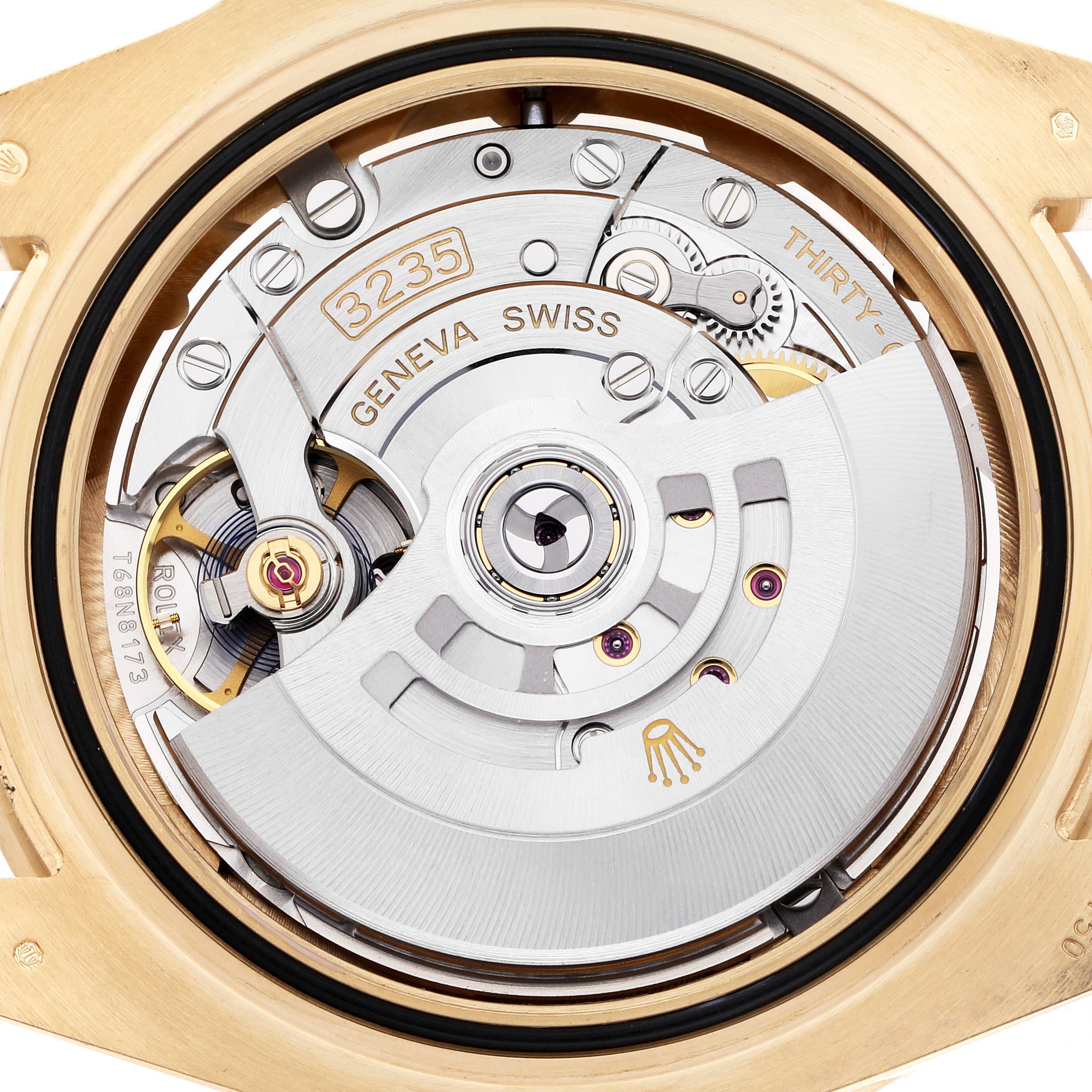 The image shows the movement of a Rolex Submariner 126618LB Men's Yellow Gold Blue Dial 126618LB Men's Yellow Gold Blue Dial watch from the back, highlighting its intricate components.