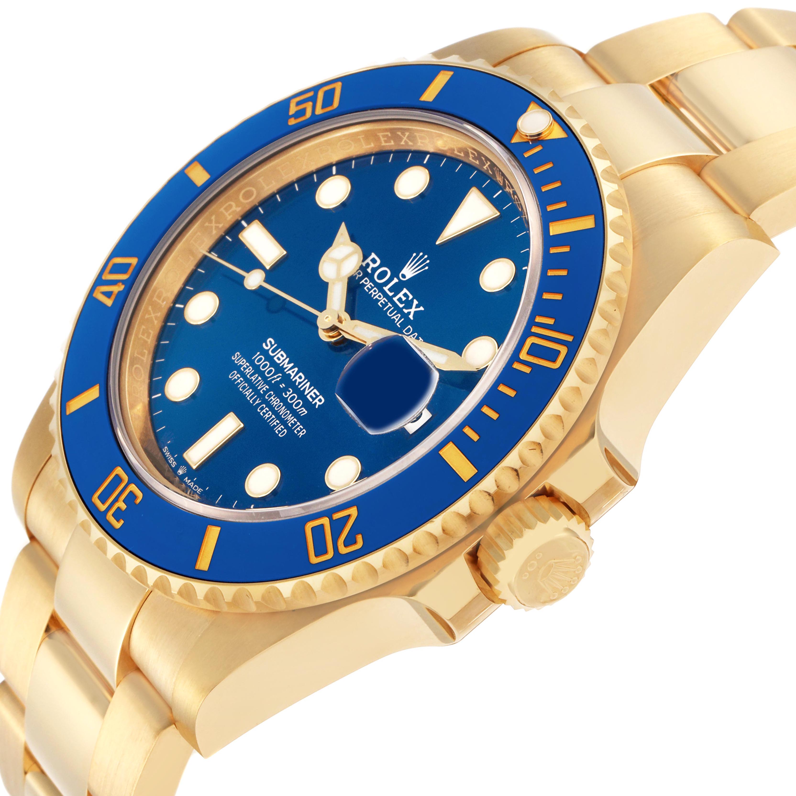The Rolex Submariner 126618LB Men's Yellow Gold Blue Dial 126618LB Men's Yellow Gold Blue Dial watch is shown at an angled side view, highlighting the blue dial, bezel, and gold bracelet.