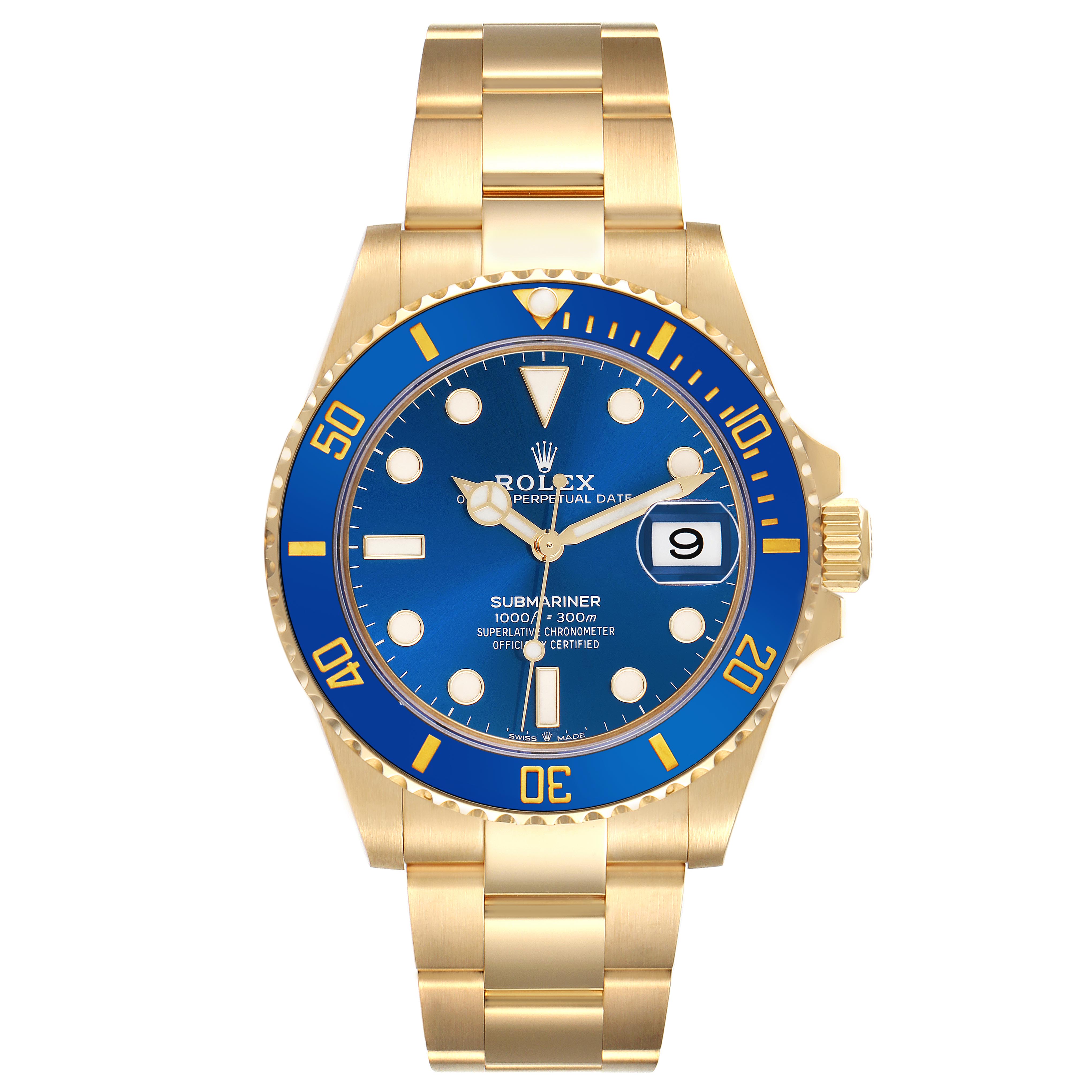 The Rolex Submariner 126618LB Men's Yellow Gold Blue Dial 126618LB Men's Yellow Gold Blue Dial watch is shown from a front angle, displaying its blue dial, bezel, and gold bracelet.