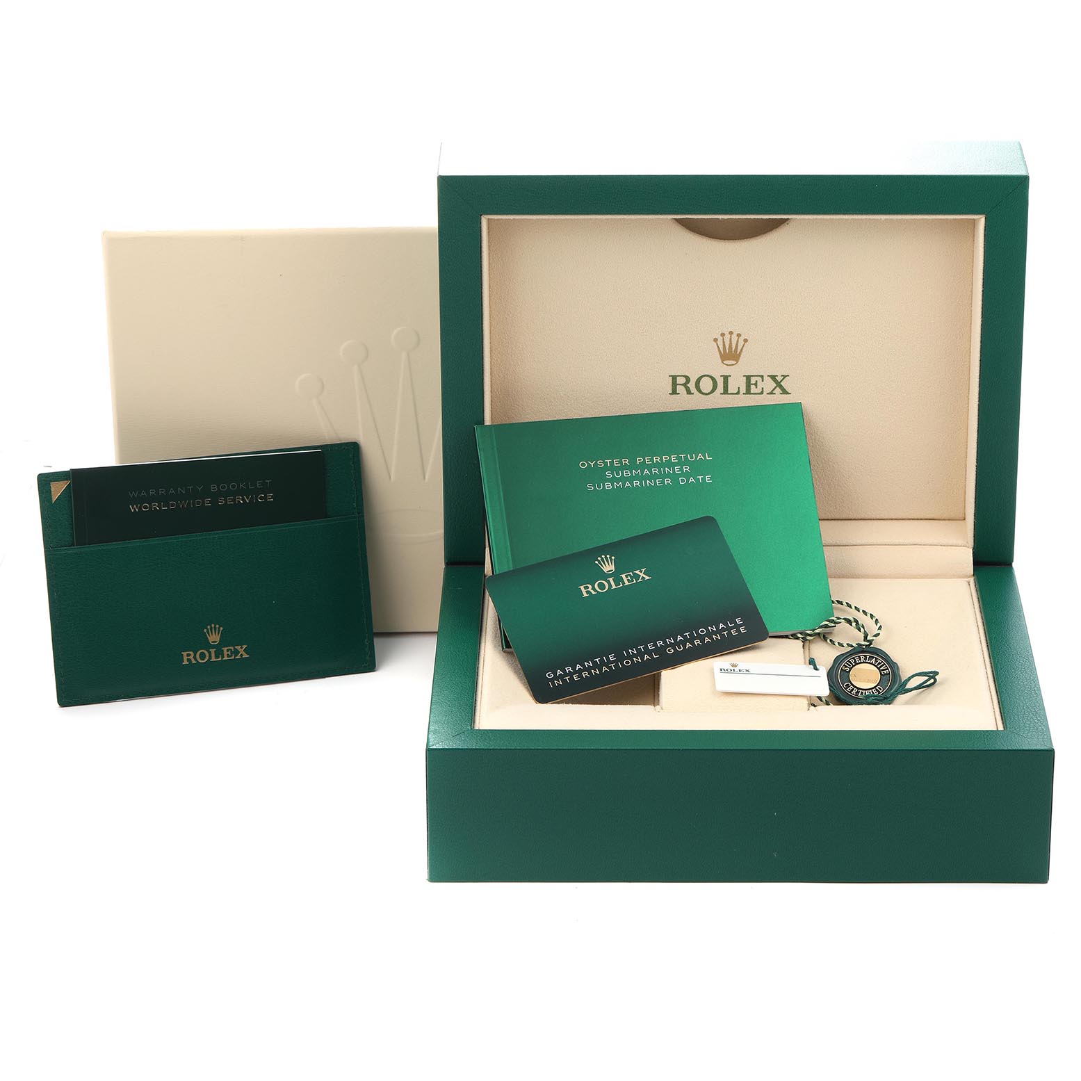 The image shows the packaging and accessories for a Rolex Submariner 126618LB Men's Yellow Gold Blue Dial 126618LB Men's Yellow Gold Blue Dial, including booklets, a warranty card, and the box.