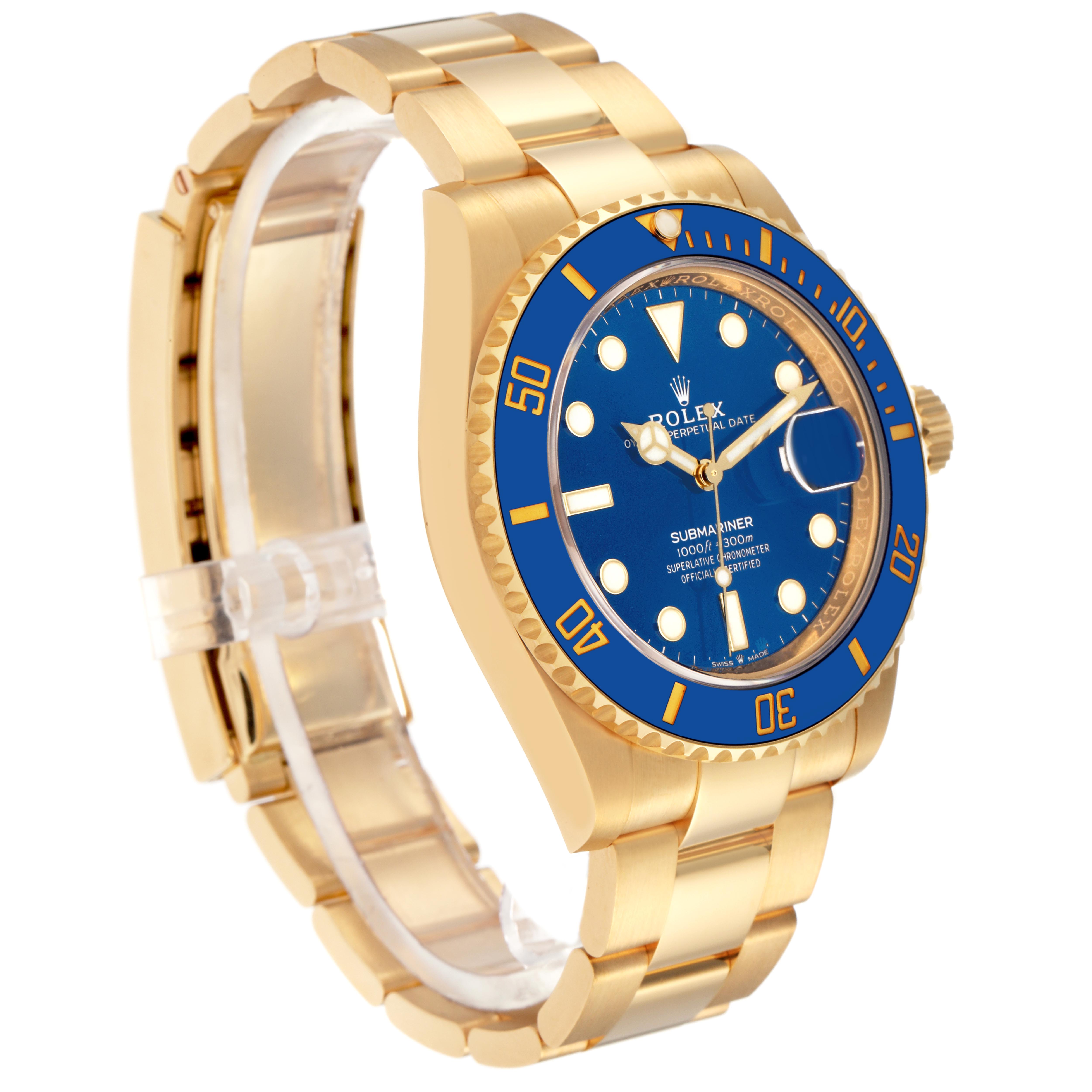 The Rolex Submariner 126618LB Men's Yellow Gold Blue Dial 126618LB Men's Yellow Gold Blue Dial watch is shown at a three-quarter angle, highlighting the blue bezel, gold casing, and bracelet.