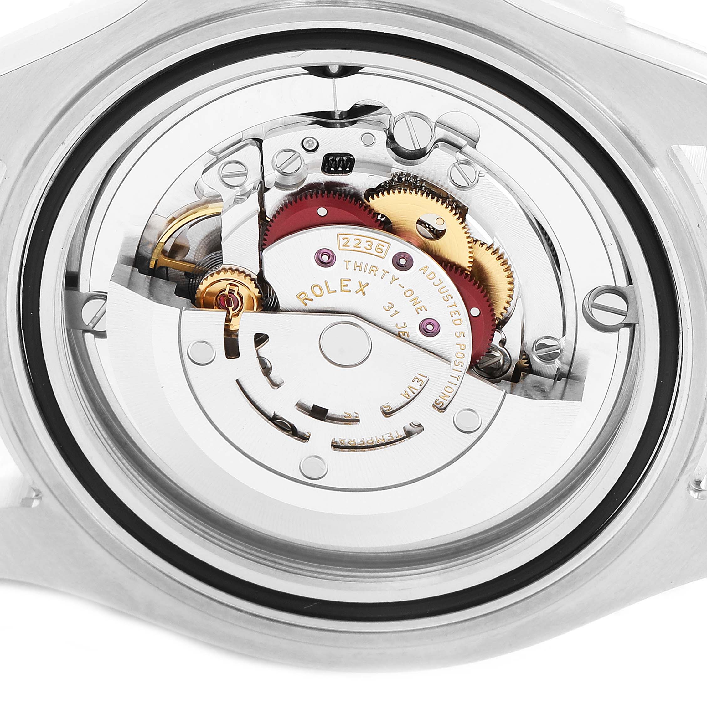 This image shows the inner mechanical movements of the Rolex Yacht-Master 268621 Men
s Steel and Gold (two tone) Black Dial 268621 Men
s Steel and Gold (two tone) Black Dial watch from a rear angle with the case back removed.