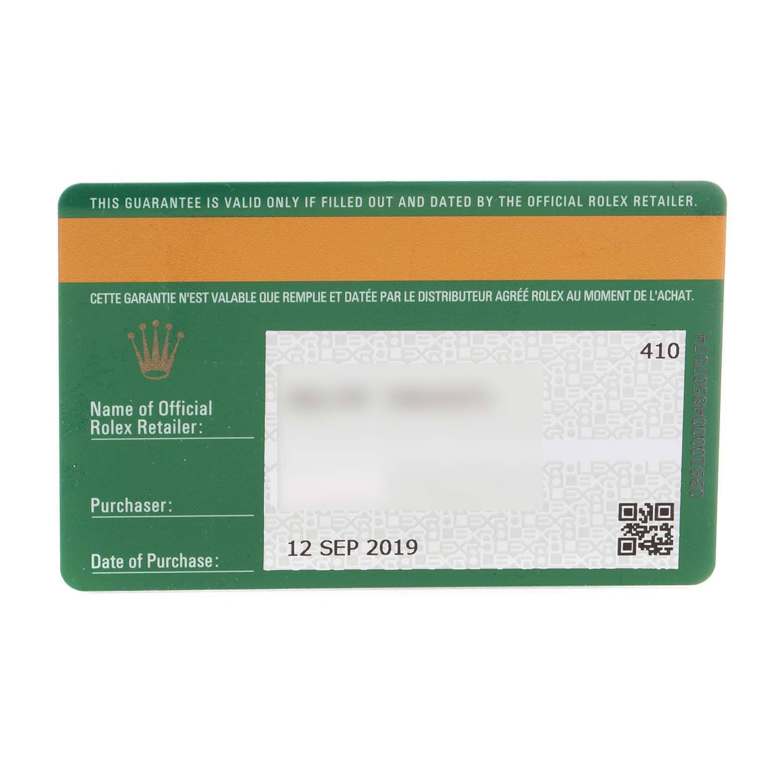 The image shows a Rolex guarantee card for the Yacht-Master model, detailing the retailer, purchaser, and purchase date.