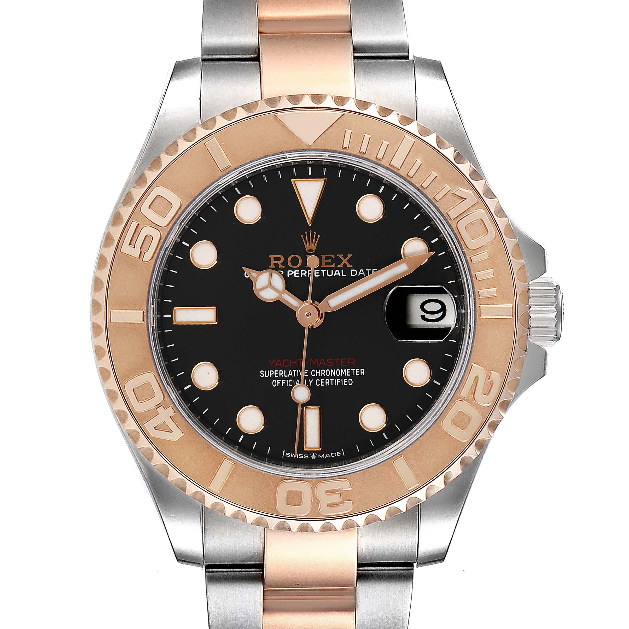 The image shows a front view of the Rolex Yacht-Master 268621 Men
s Steel and Gold (two tone) Black Dial 268621 Men
s Steel and Gold (two tone) Black Dial watch, highlighting its dial, bezel, and bracelet.