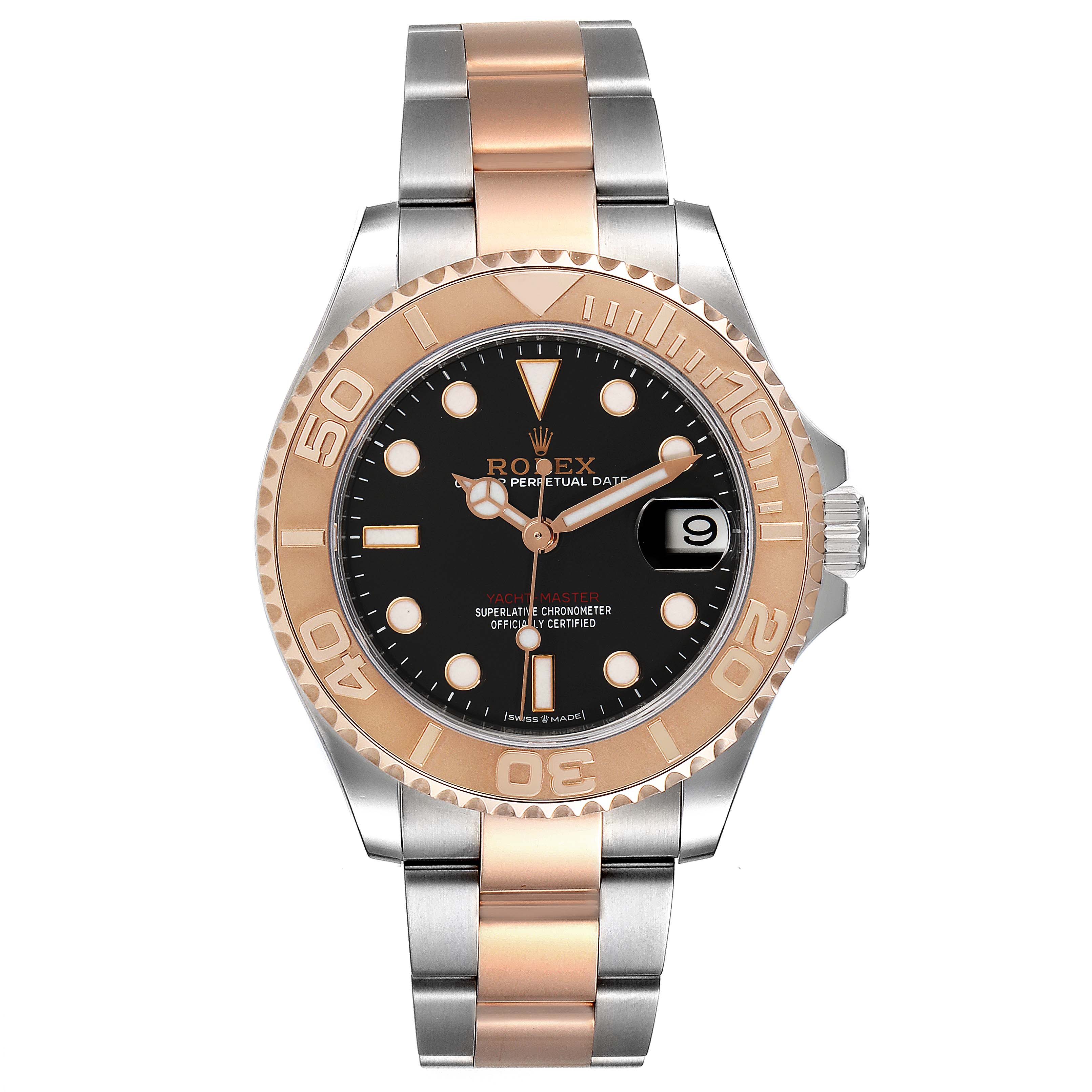 The image shows a front view of the Rolex Yacht-Master 268621 Men
s Steel and Gold (two tone) Black Dial 268621 Men
s Steel and Gold (two tone) Black Dial watch, highlighting the bezel, dial, and bracelet.
