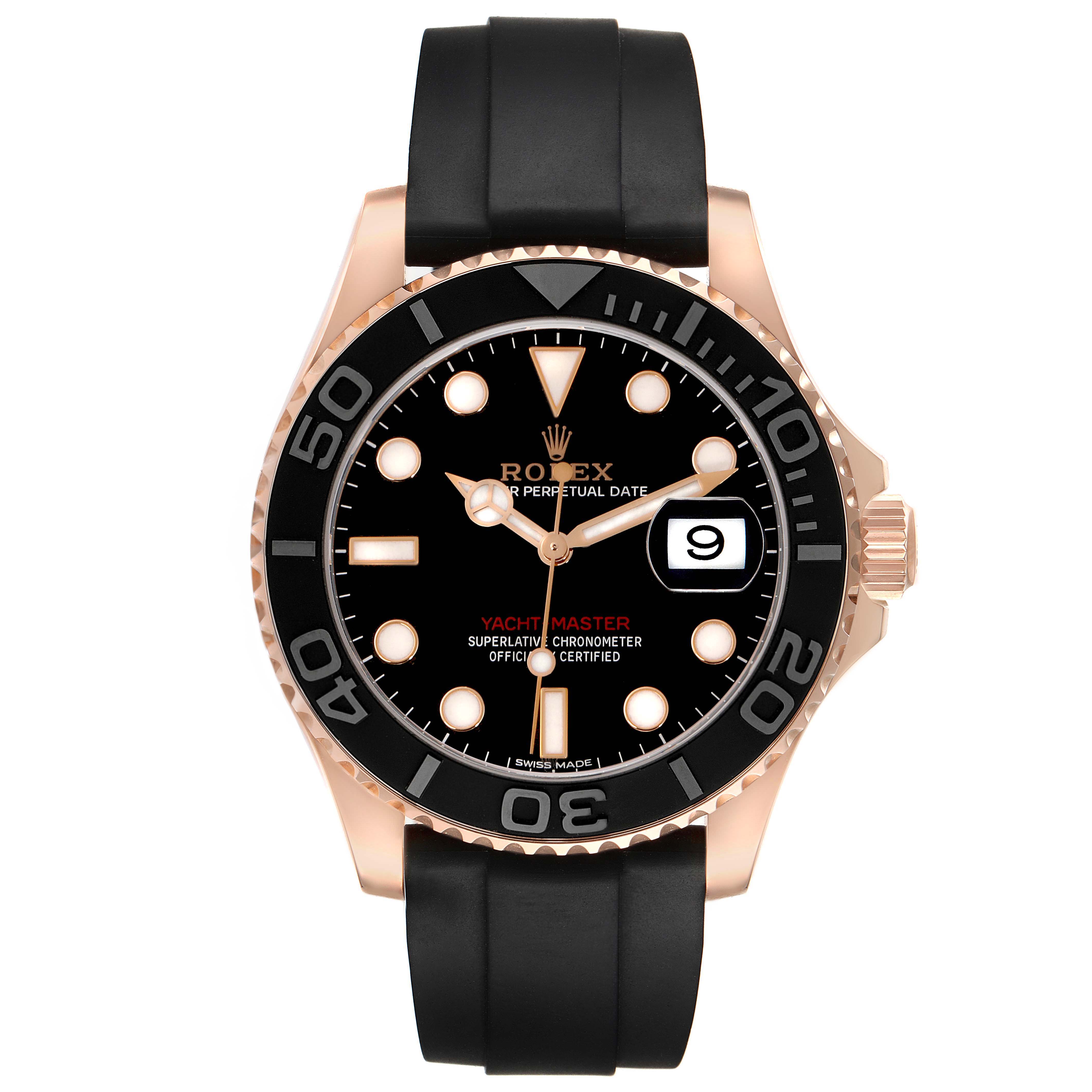 The Rolex Yacht-Master 116655 Men's Rose Gold Black Dial 116655 Men's Rose Gold Black Dial watch is shown from the front, displaying its face, bezel, and black strap.