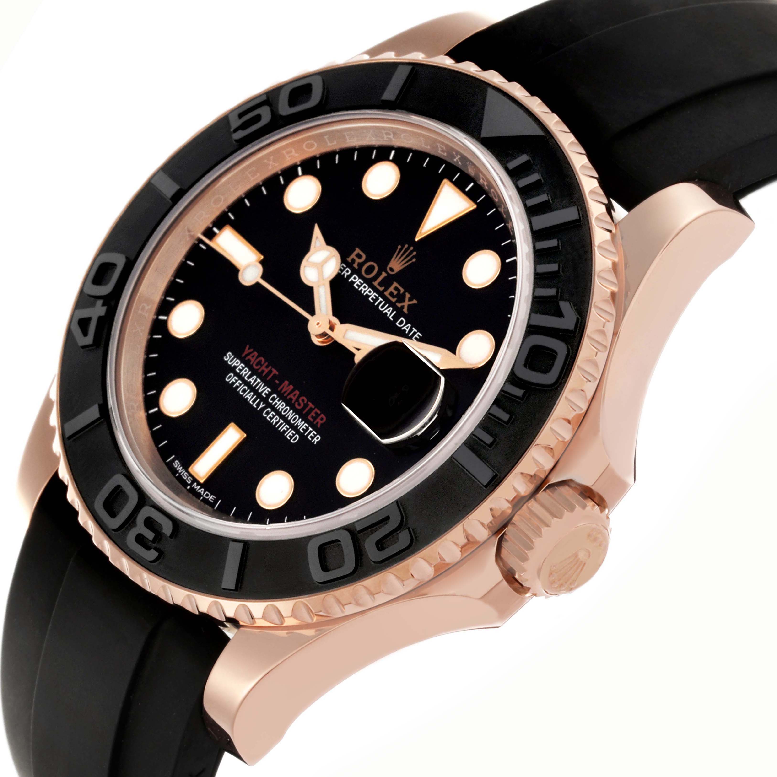 The Rolex Yacht-Master 116655 Men's Rose Gold Black Dial 116655 Men's Rose Gold Black Dial watch is shown at an angle highlighting the face, bezel, crown, and part of the strap.