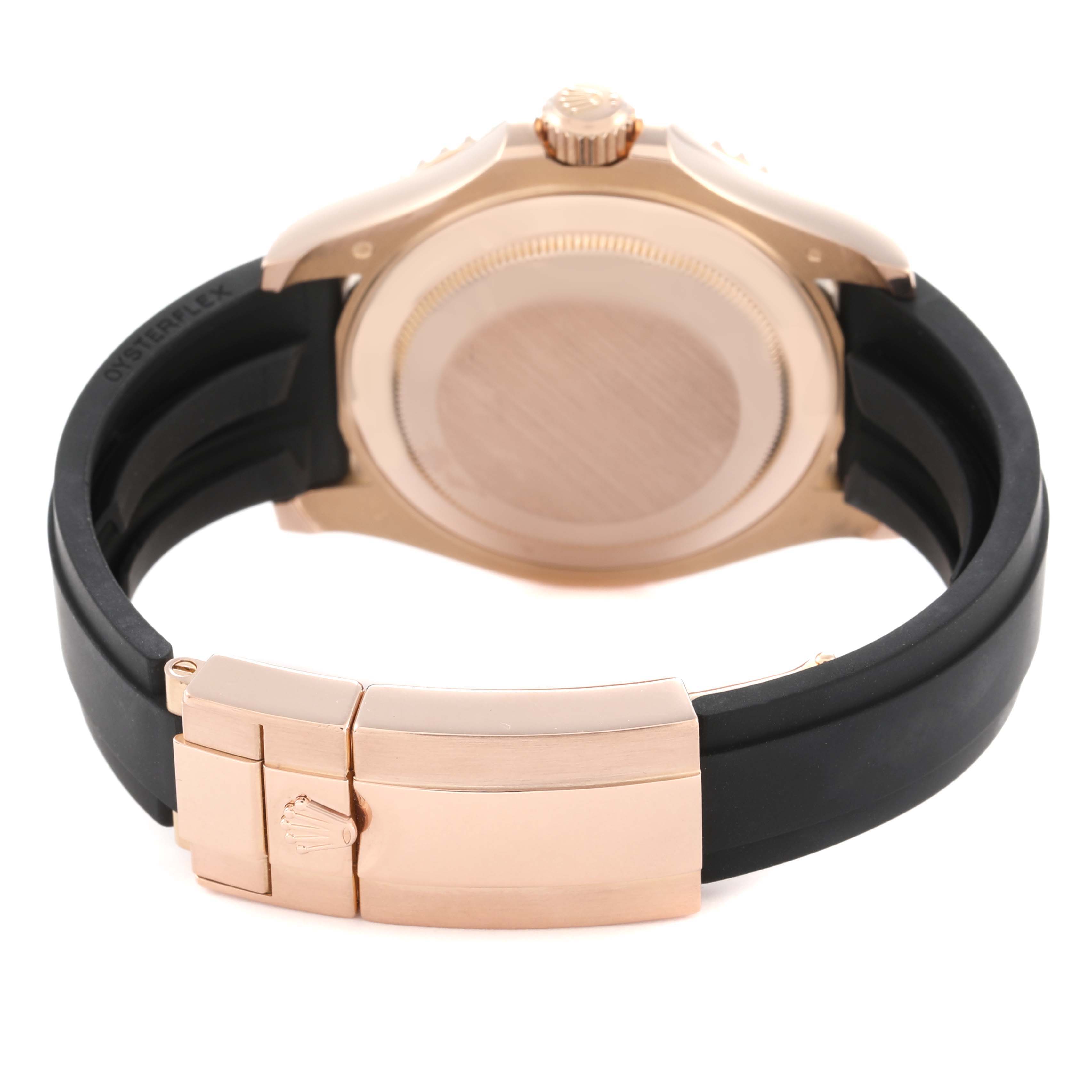 The image shows the back side of a Rolex Yacht-Master 116655 Men's Rose Gold Black Dial 116655 Men's Rose Gold Black Dial watch, focusing on the case back, clasp, and black strap.