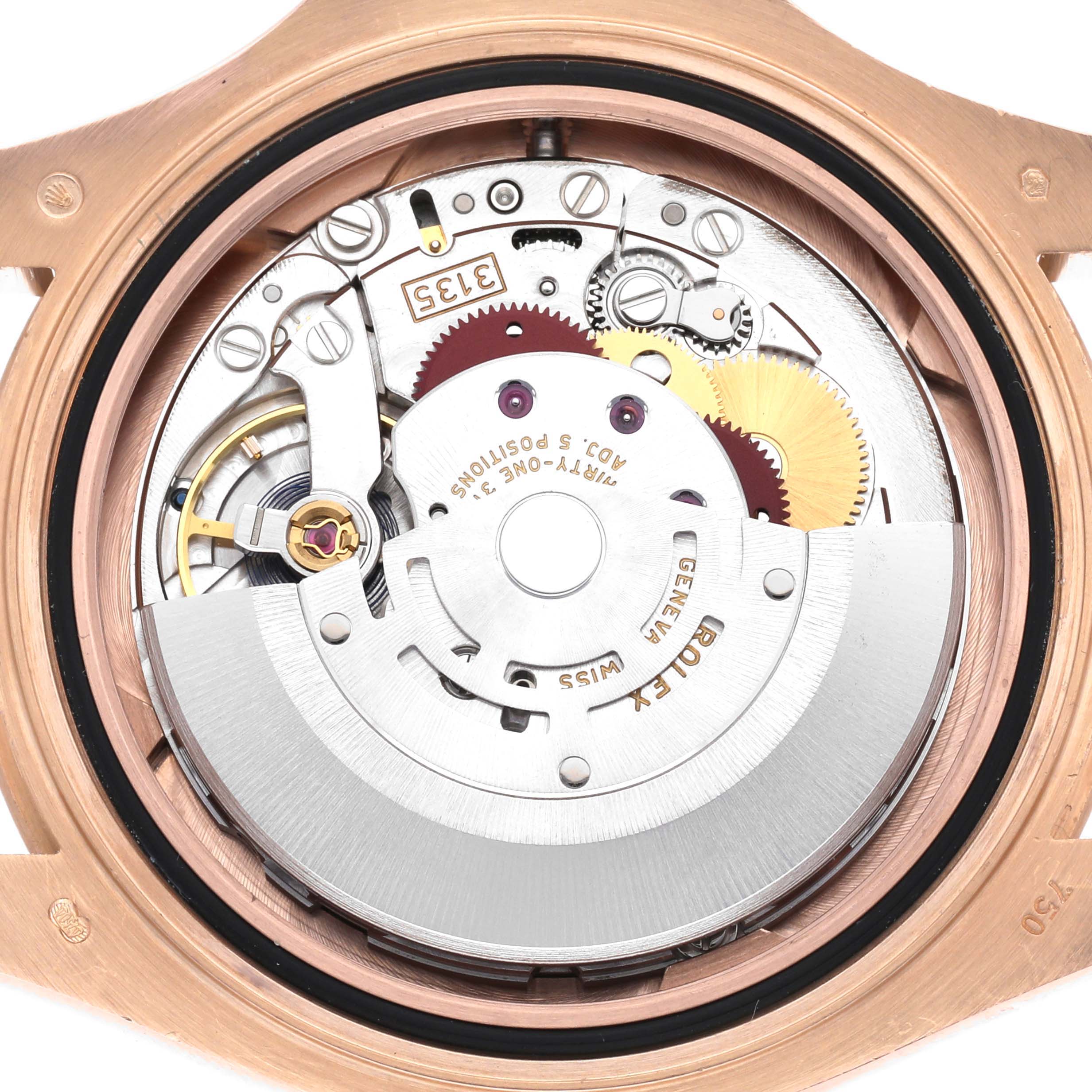 The Rolex Yacht-Master 116655 Men's Rose Gold Black Dial 116655 Men's Rose Gold Black Dial is shown from the back, displaying its intricate internal movement components.