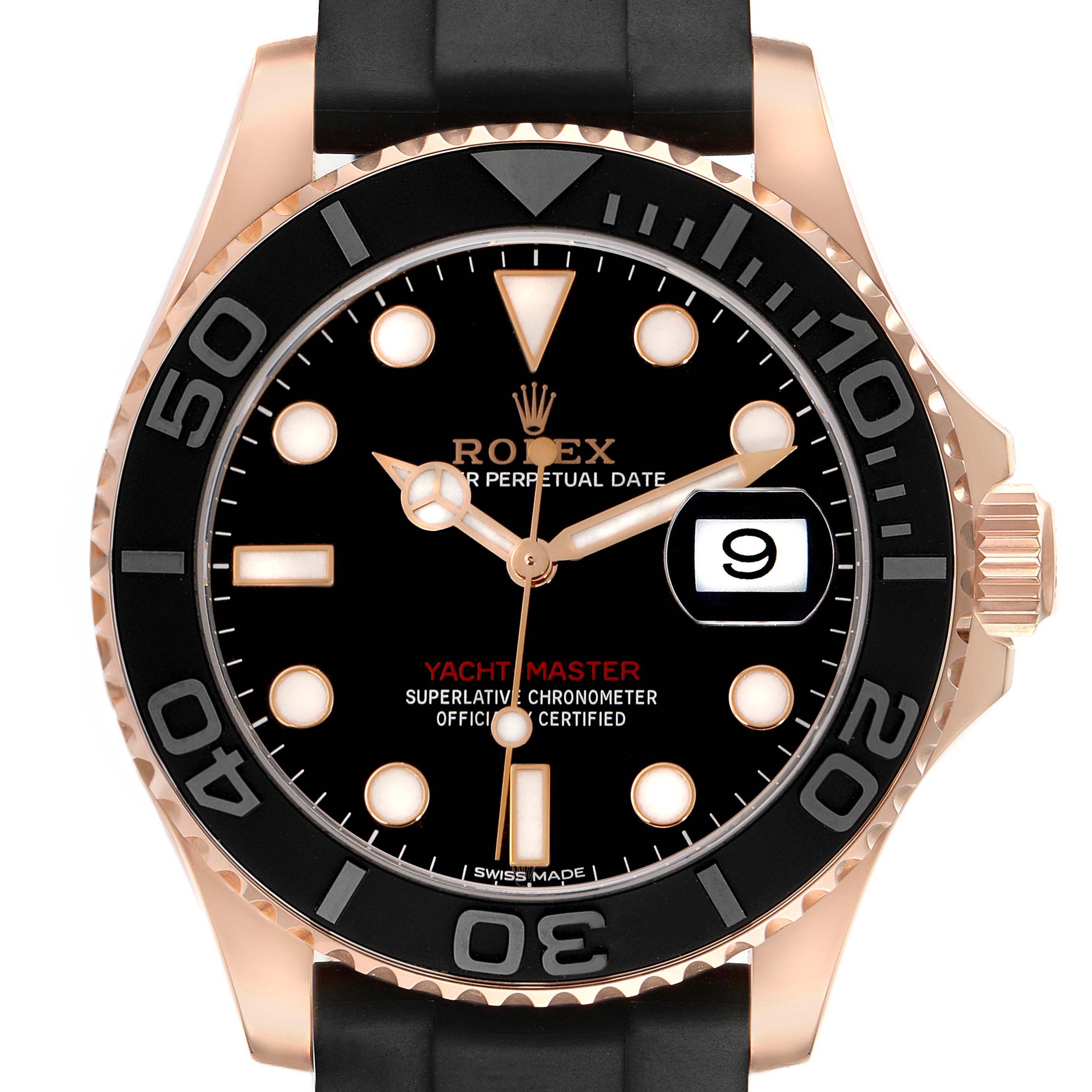 The Rolex Yacht-Master 116655 Men's Rose Gold Black Dial 116655 Men's Rose Gold Black Dial watch is shown from a top view, displaying the face, bezel, and crown.