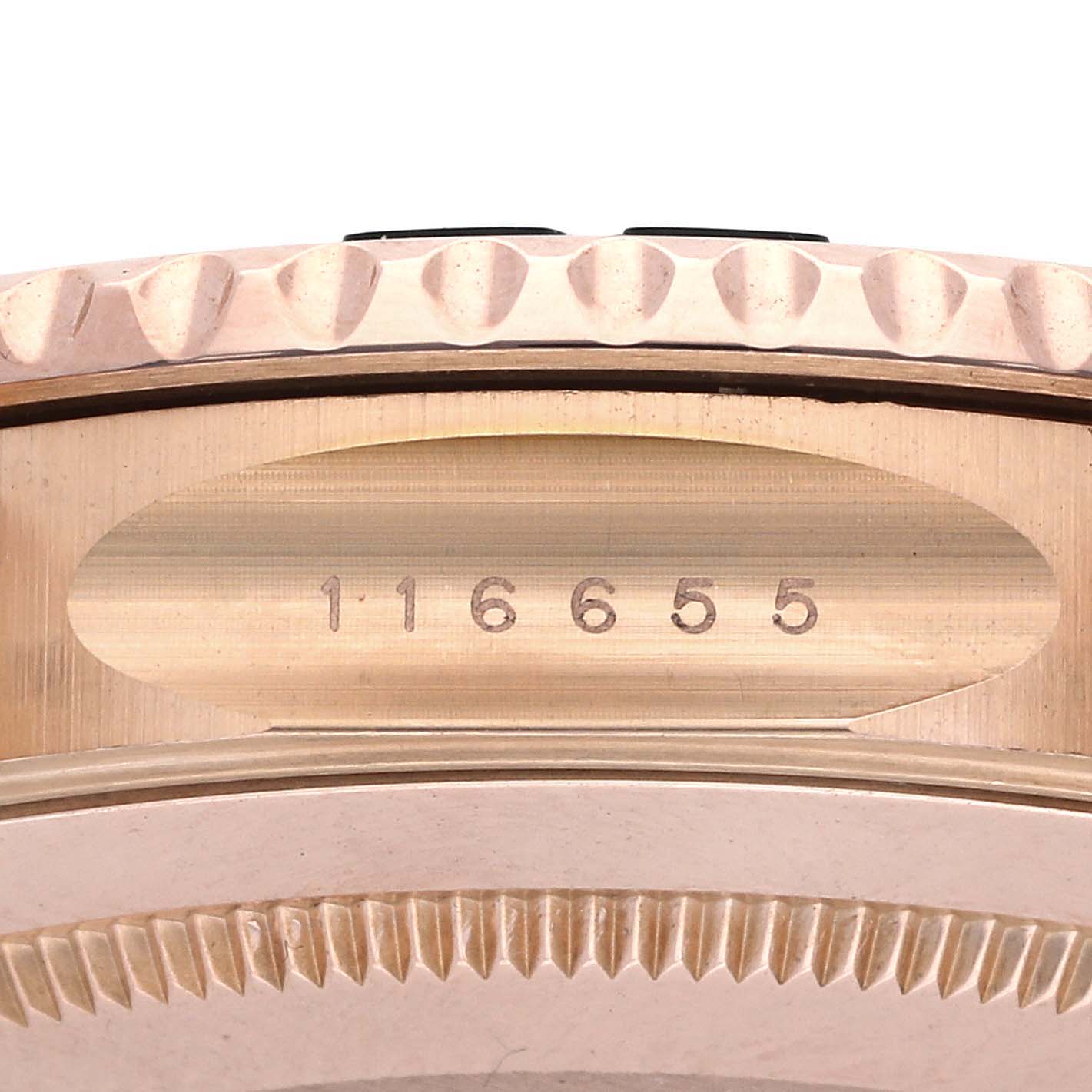 The image shows a close-up of the side of a Rolex Yacht-Master 116655 Men's Rose Gold Black Dial 116655 Men's Rose Gold Black Dial watch, revealing the model number inscribed on the case.