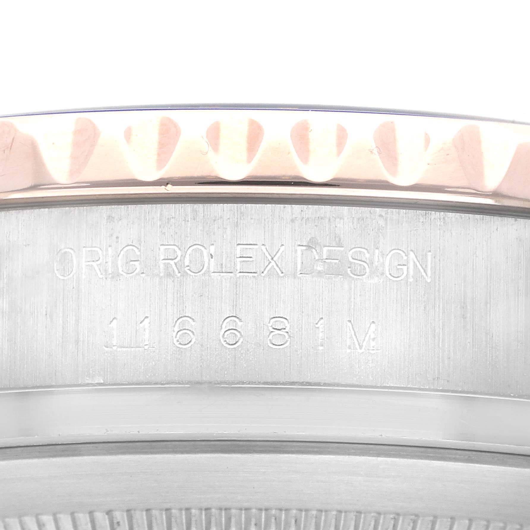 The image shows the case side of a Rolex Yacht-Master 116681 Men
s Steel and Gold (two tone) White Dial 116681 Men
s Steel and Gold (two tone) White Dial, featuring the model number "116681" engraved on it.